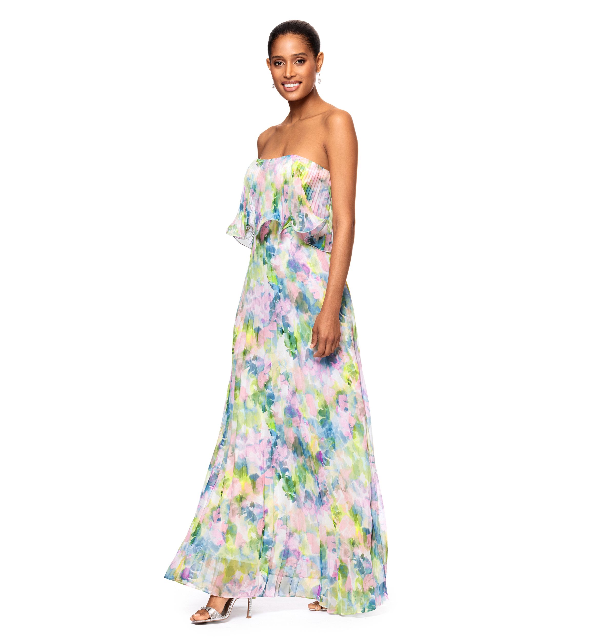 Womens Short Sleeve Watercolor Floral Chiffon Gown 