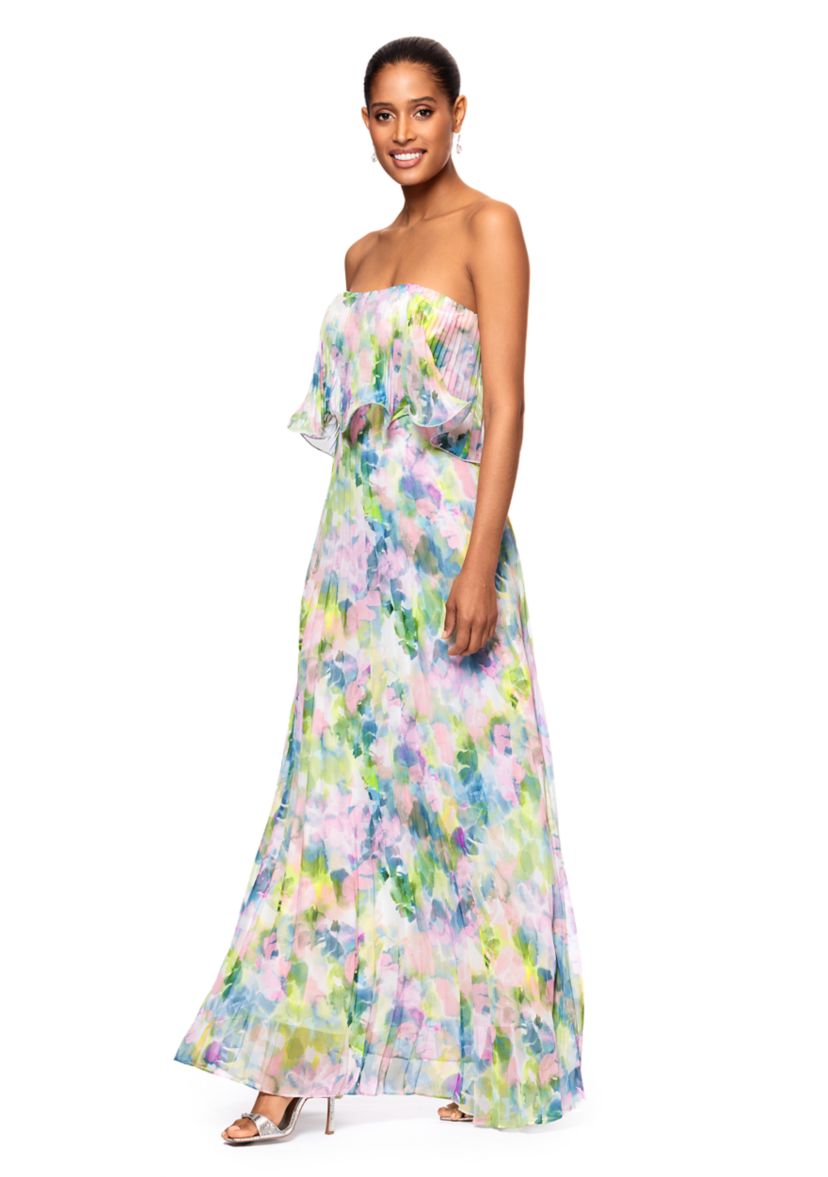 Womens Short Sleeve Watercolor Floral Chiffon Gown 