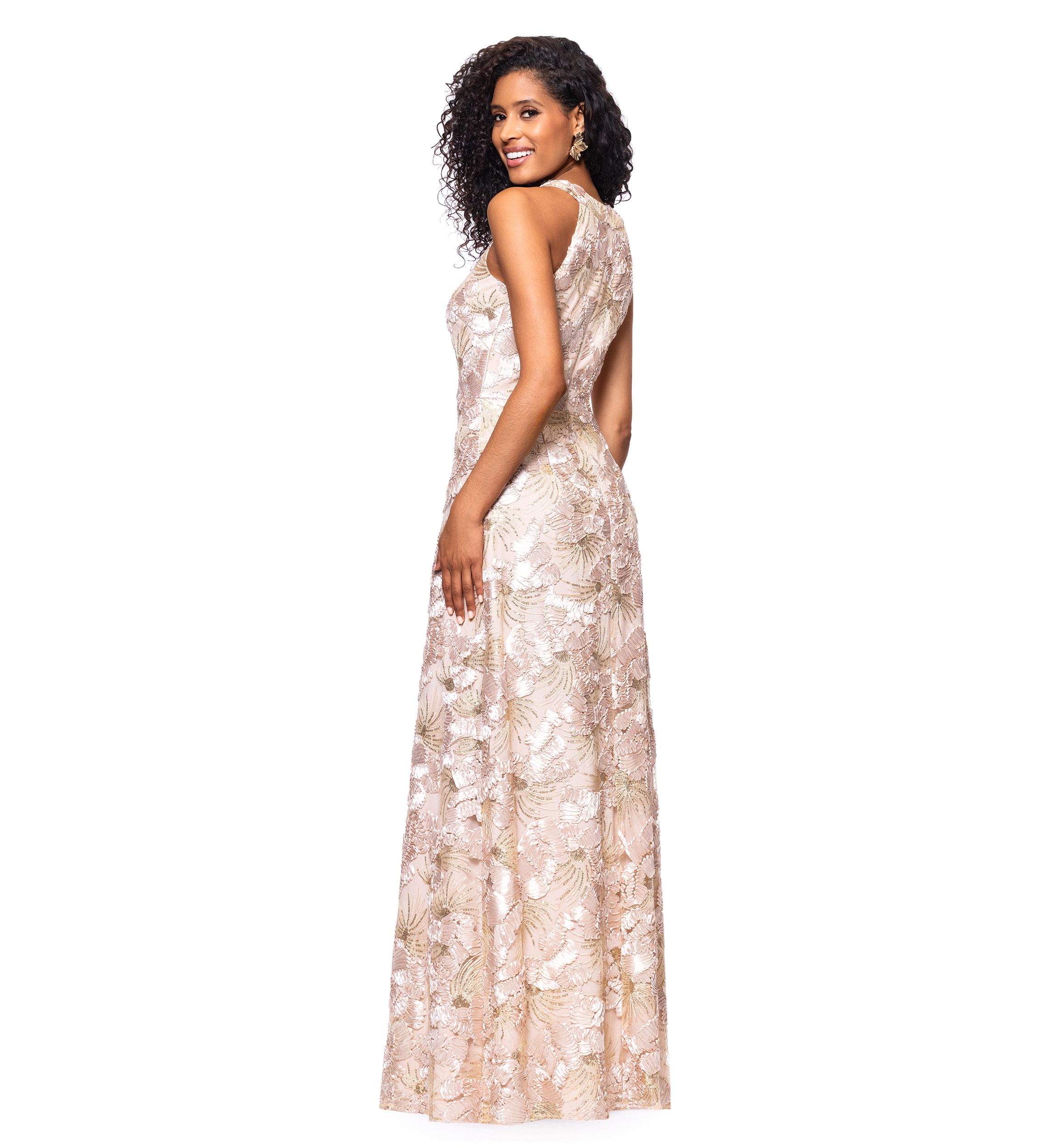 Womens Sleeveless Floral Embroidered Gown