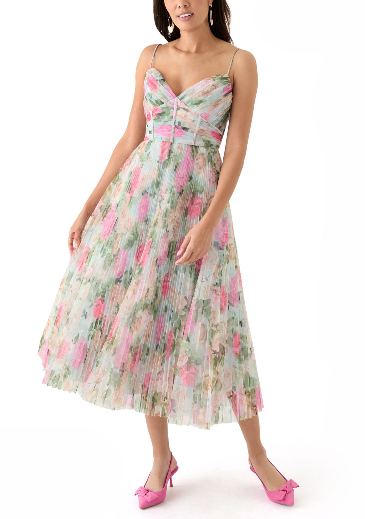 Womens Floral Printed Tulle Fit and Flare Dress