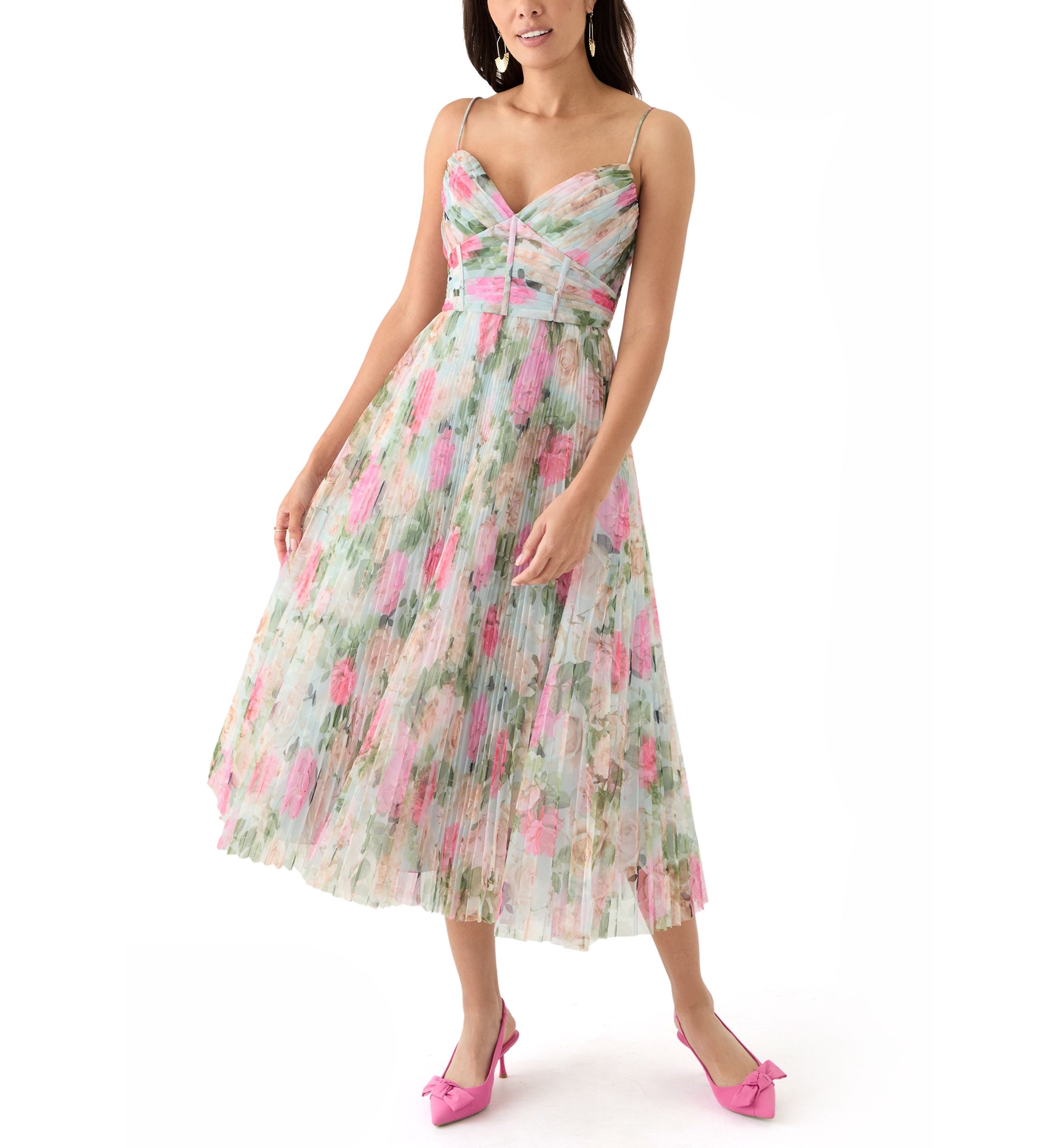 Womens Floral Printed Tulle Fit and Flare Dress