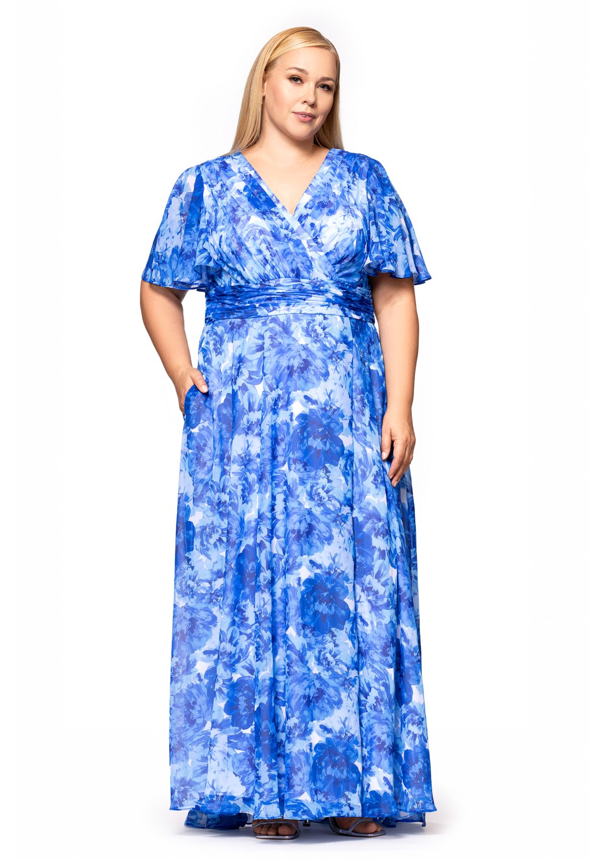 Plus Size Long V-Neck Flutter Print Maxi Dress
