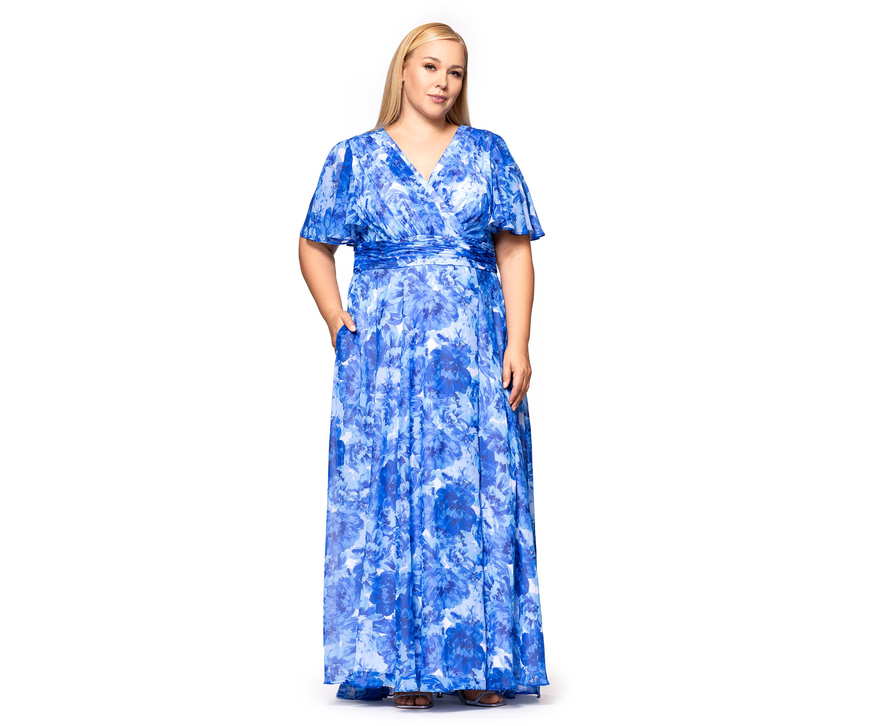 Plus Size Long V-Neck Flutter Print Maxi Dress