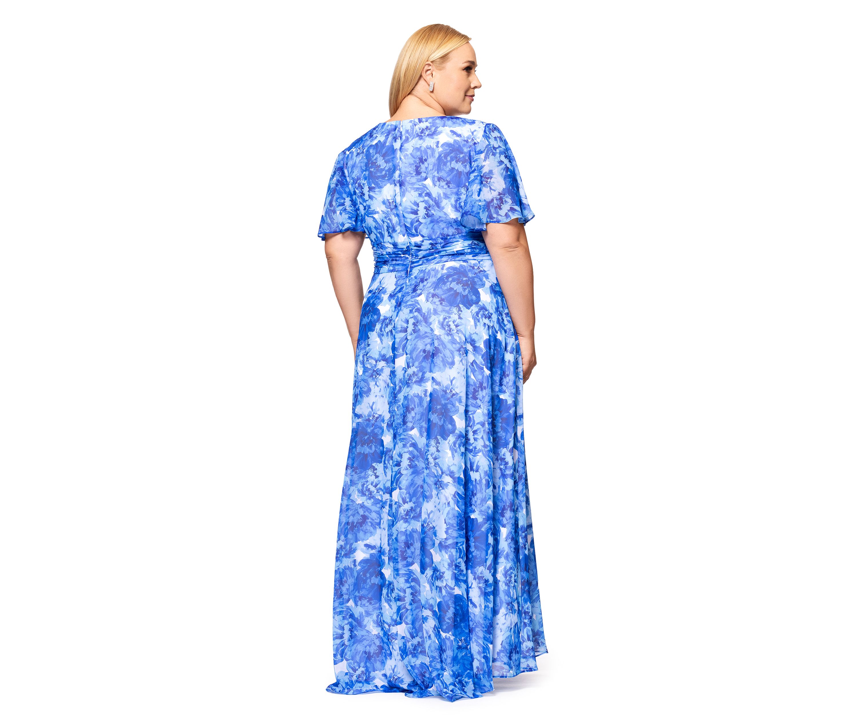Plus Size Long V-Neck Flutter Print Maxi Dress