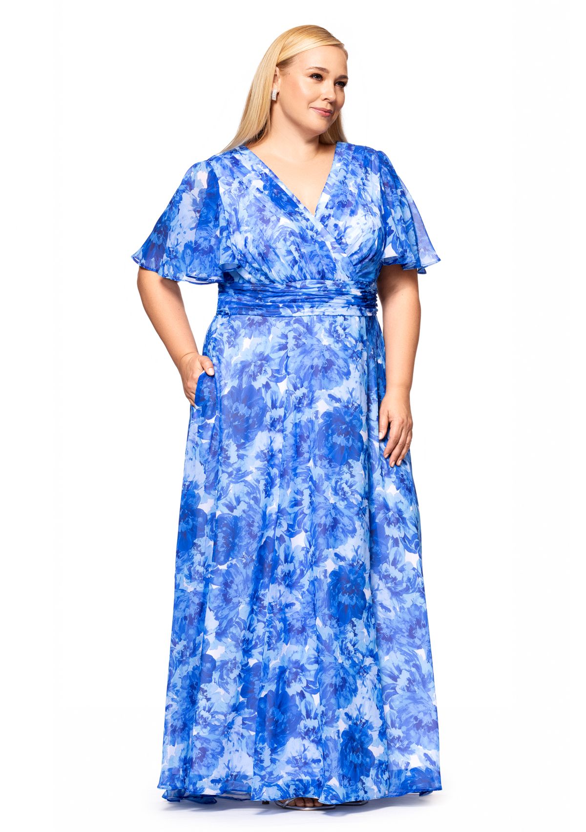 Plus Size Long V-Neck Flutter Print Maxi Dress