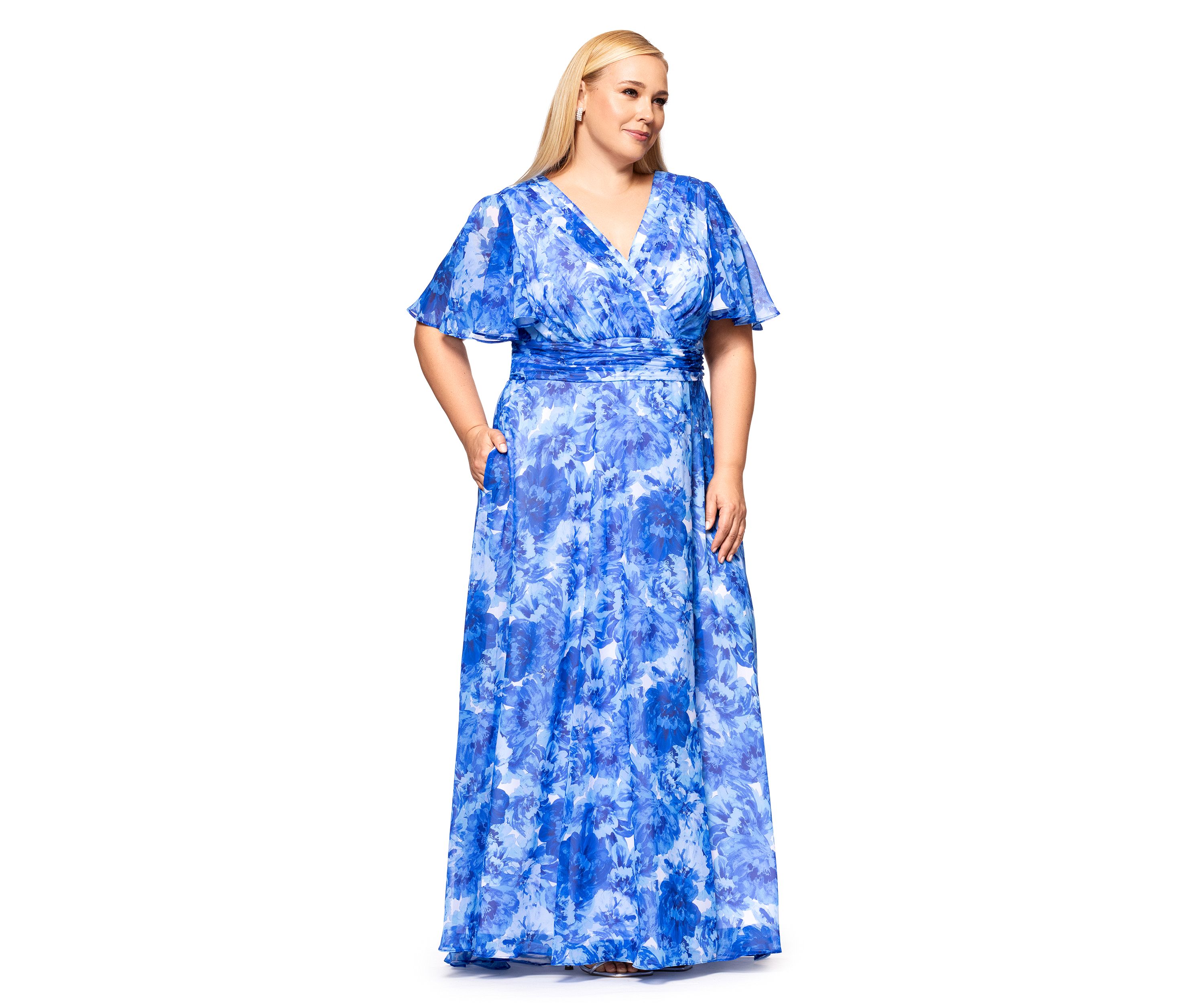 Plus Size Long V-Neck Flutter Print Maxi Dress