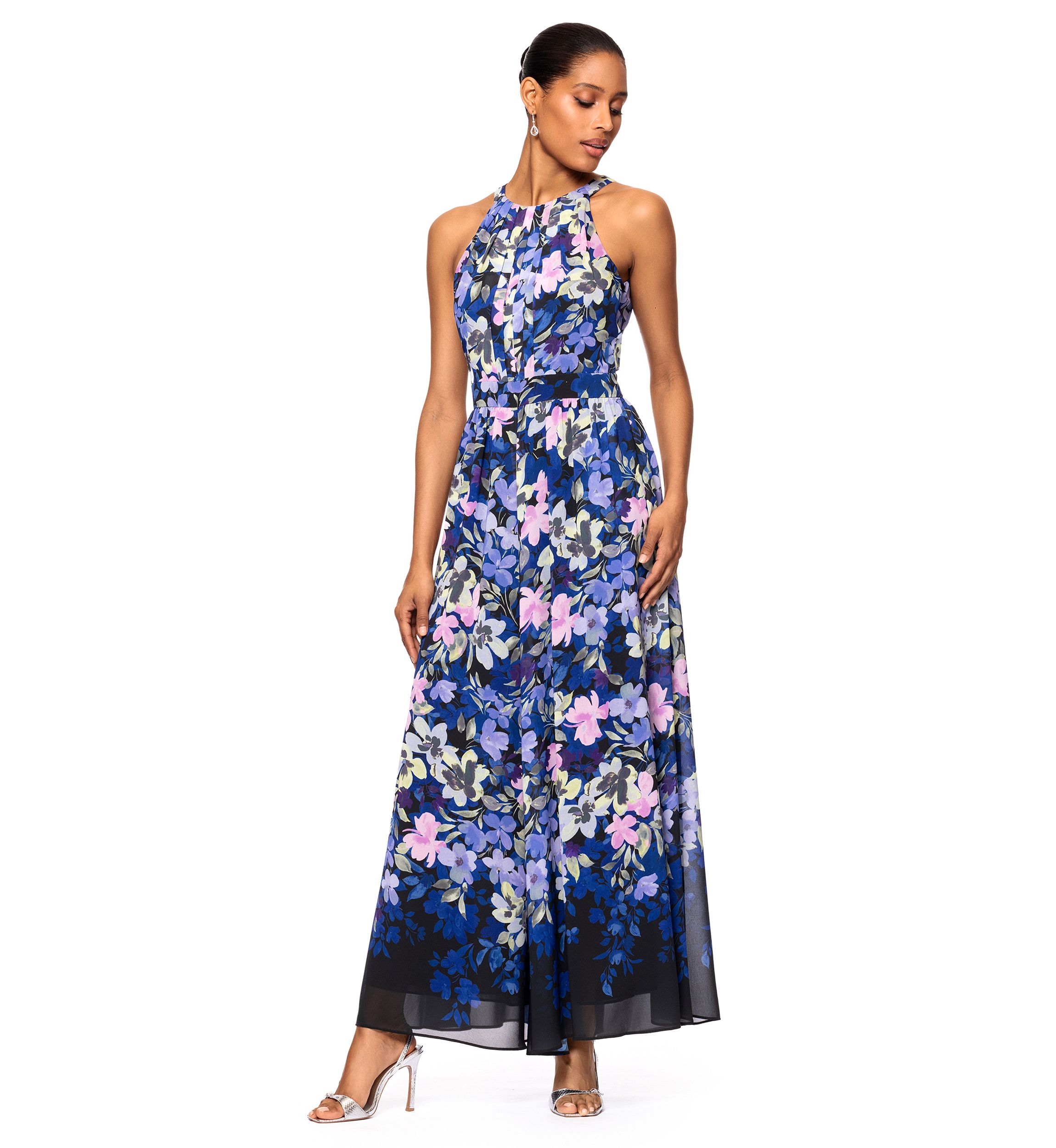 Womens Floral Printed Halter Neck Fit and Flare Gown