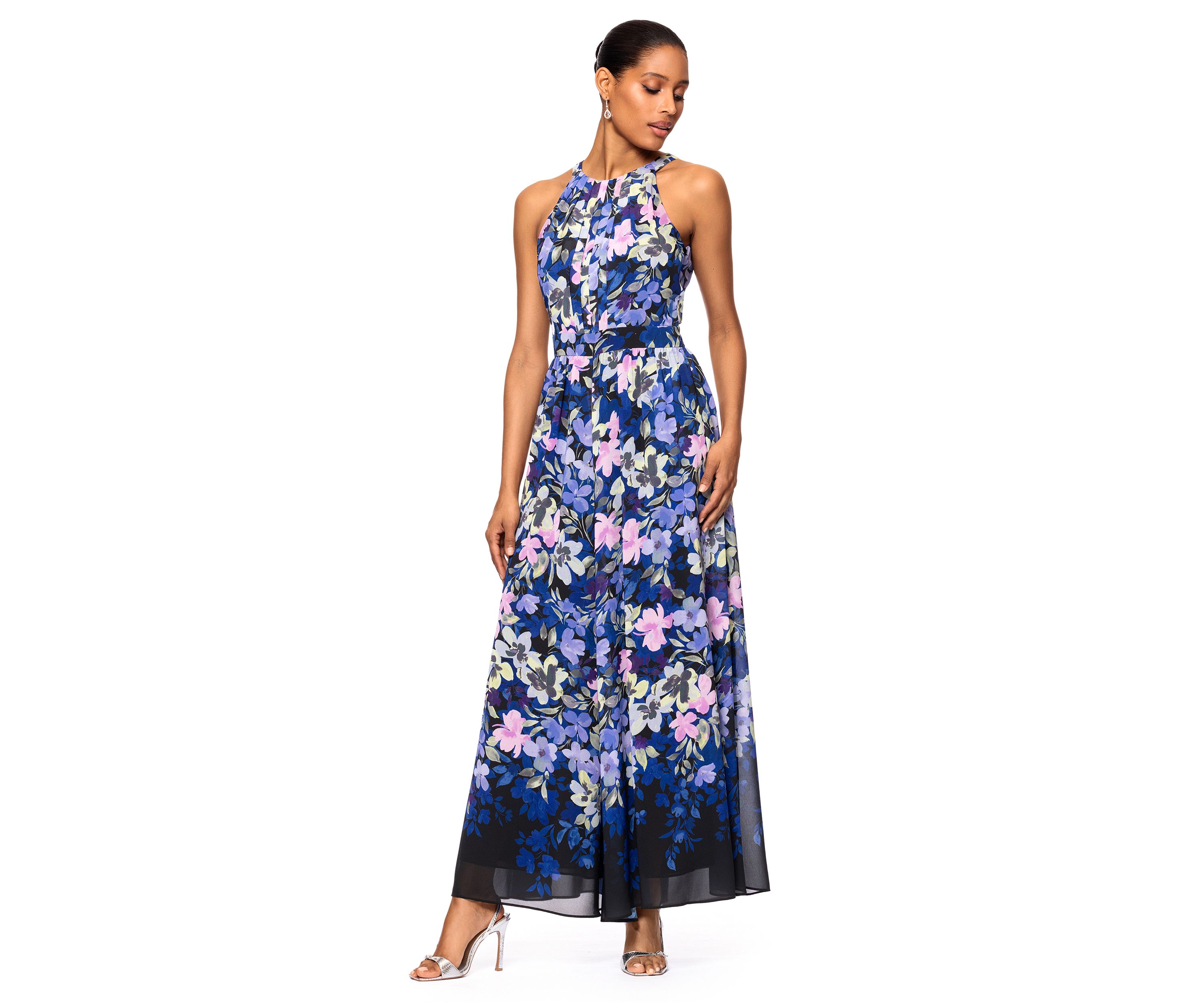 Womens Floral Printed Halter Neck Fit and Flare Gown