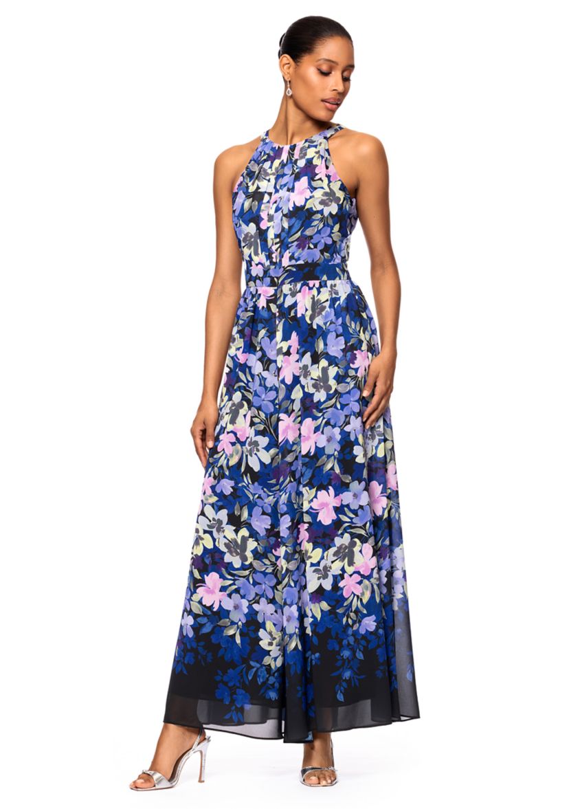 Womens Floral Printed Halter Neck Fit and Flare Gown