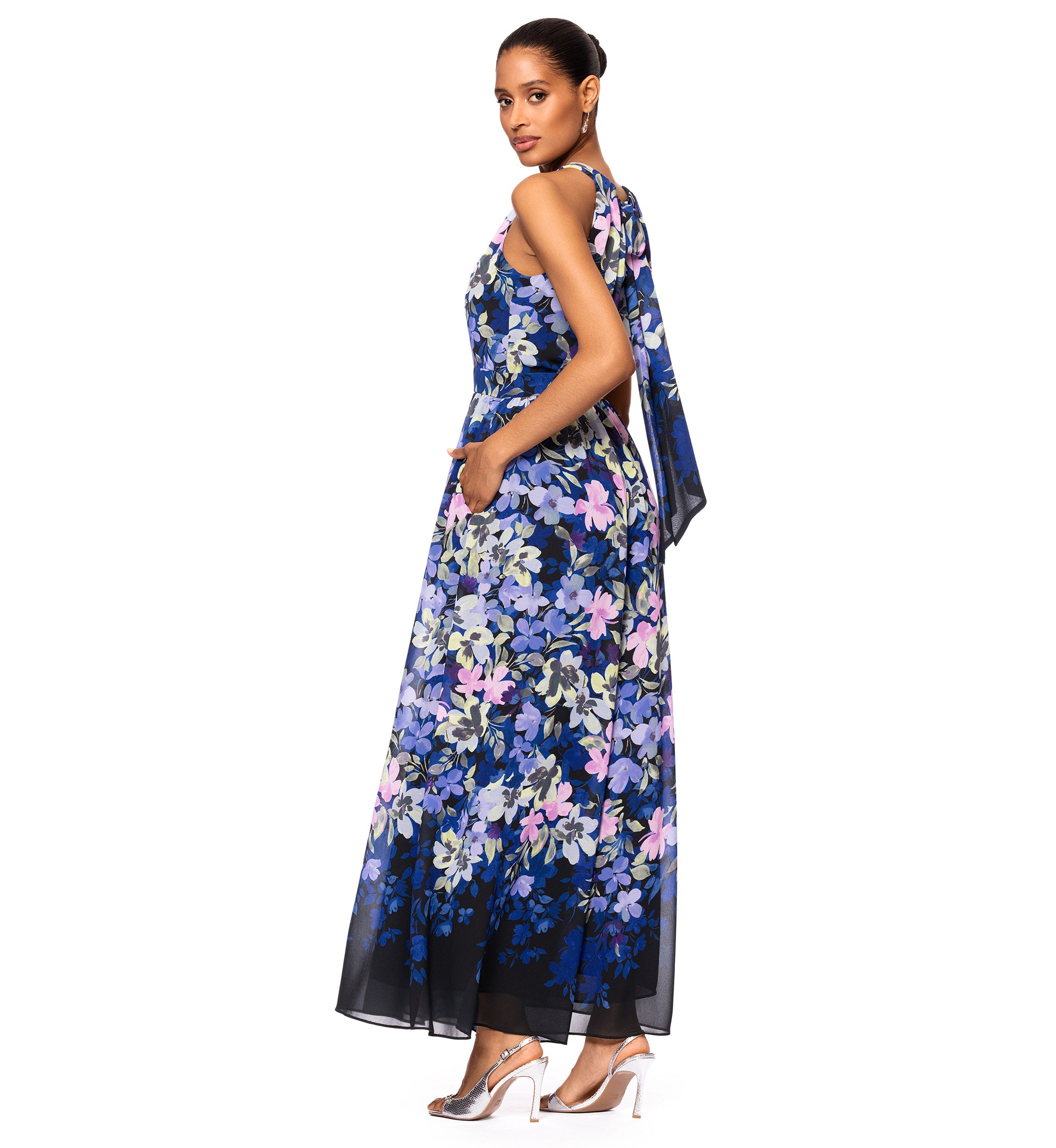 Womens Floral Printed Halter Neck Fit and Flare Gown