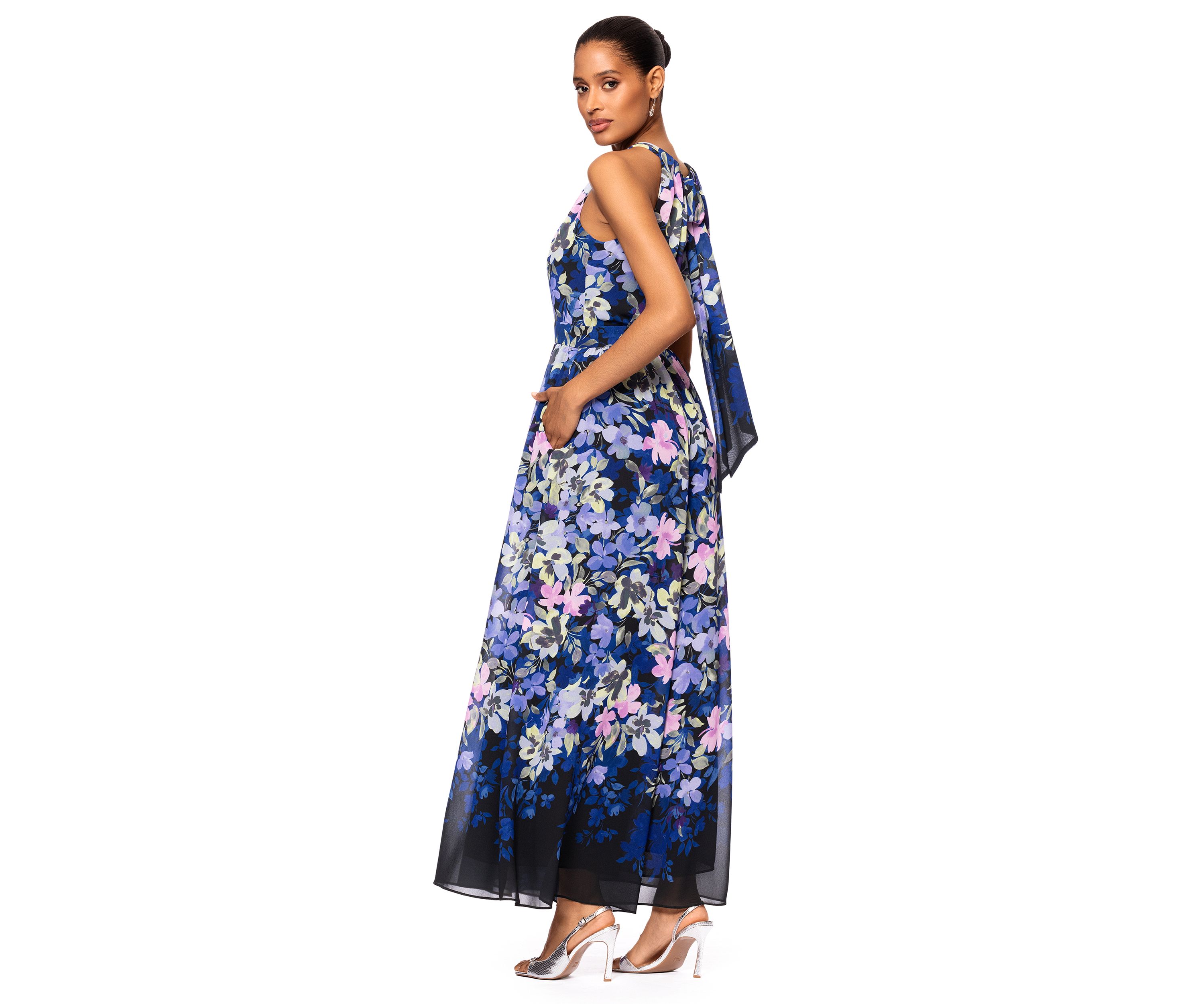 Womens Floral Printed Halter Neck Fit and Flare Gown