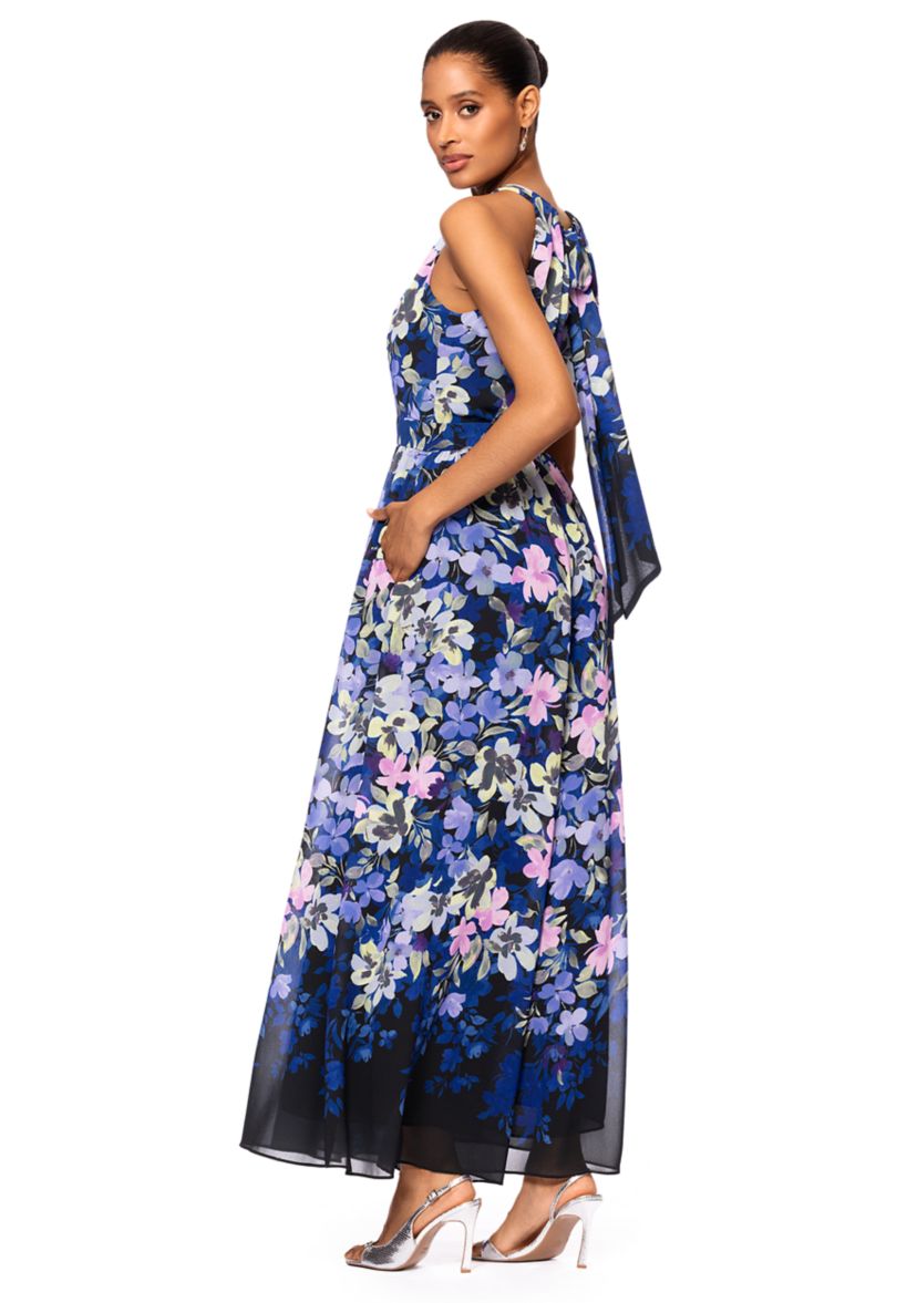Womens Floral Printed Halter Neck Fit and Flare Gown