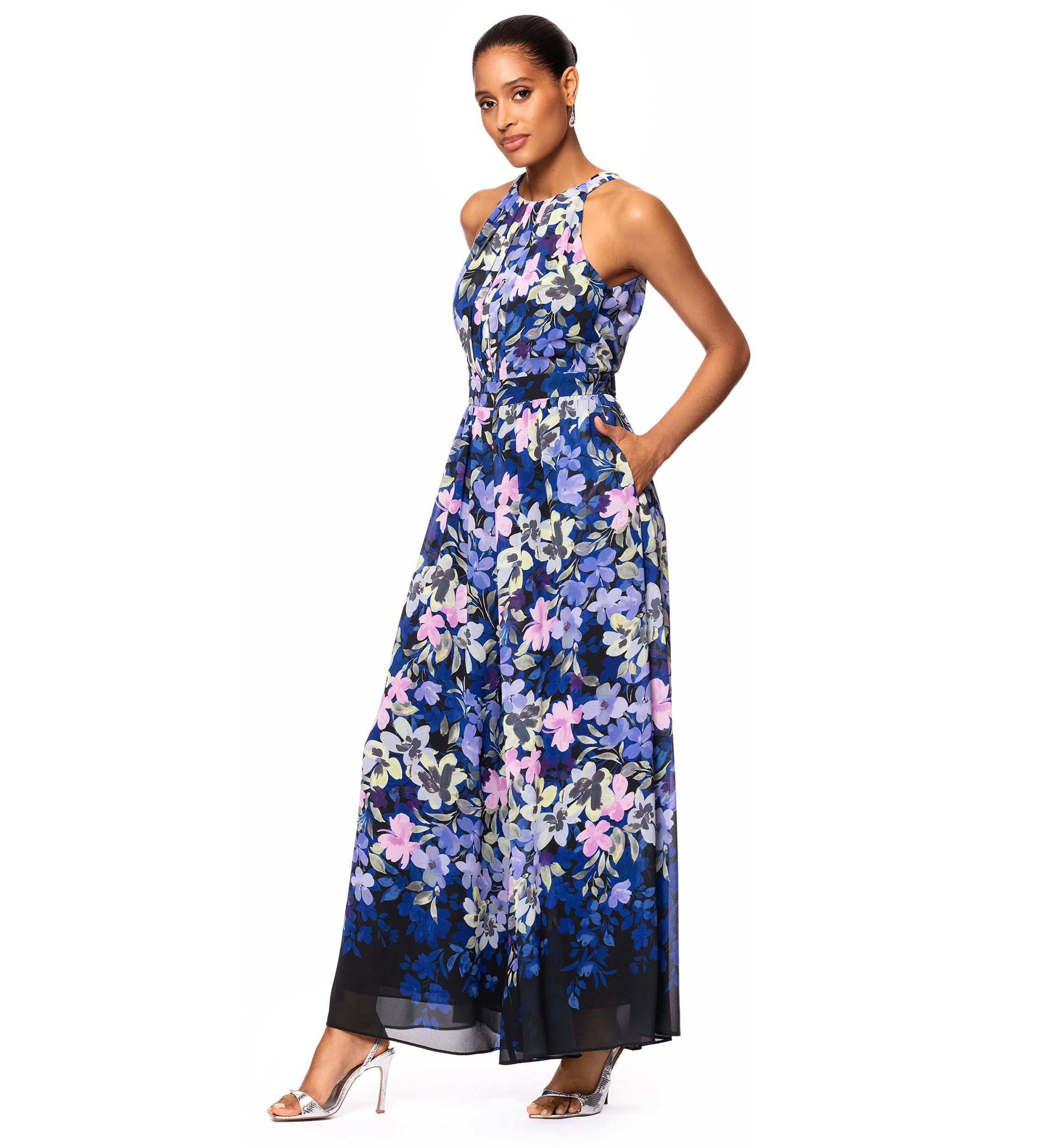 Womens Floral Printed Halter Neck Fit and Flare Gown
