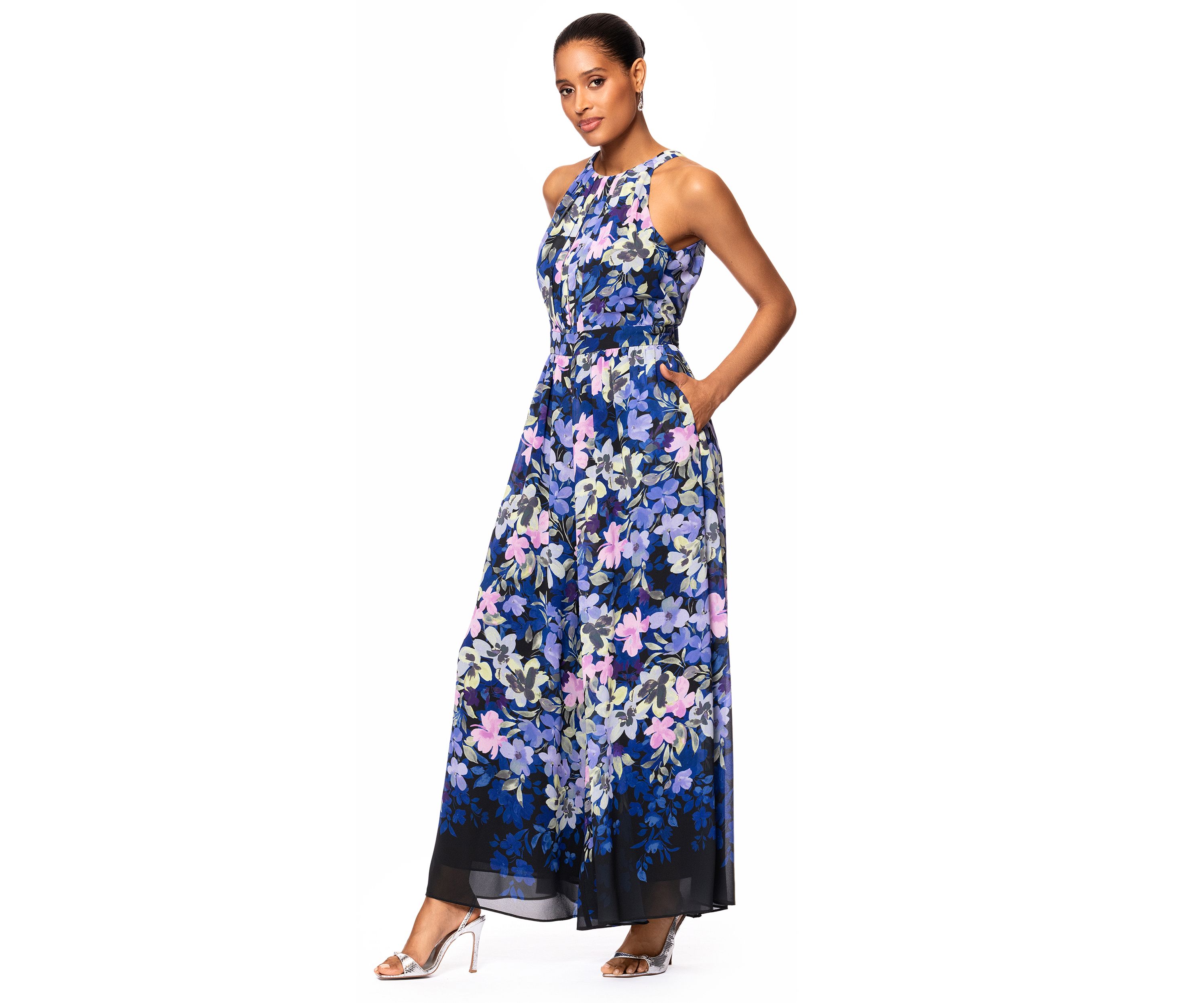 Womens Floral Printed Halter Neck Fit and Flare Gown