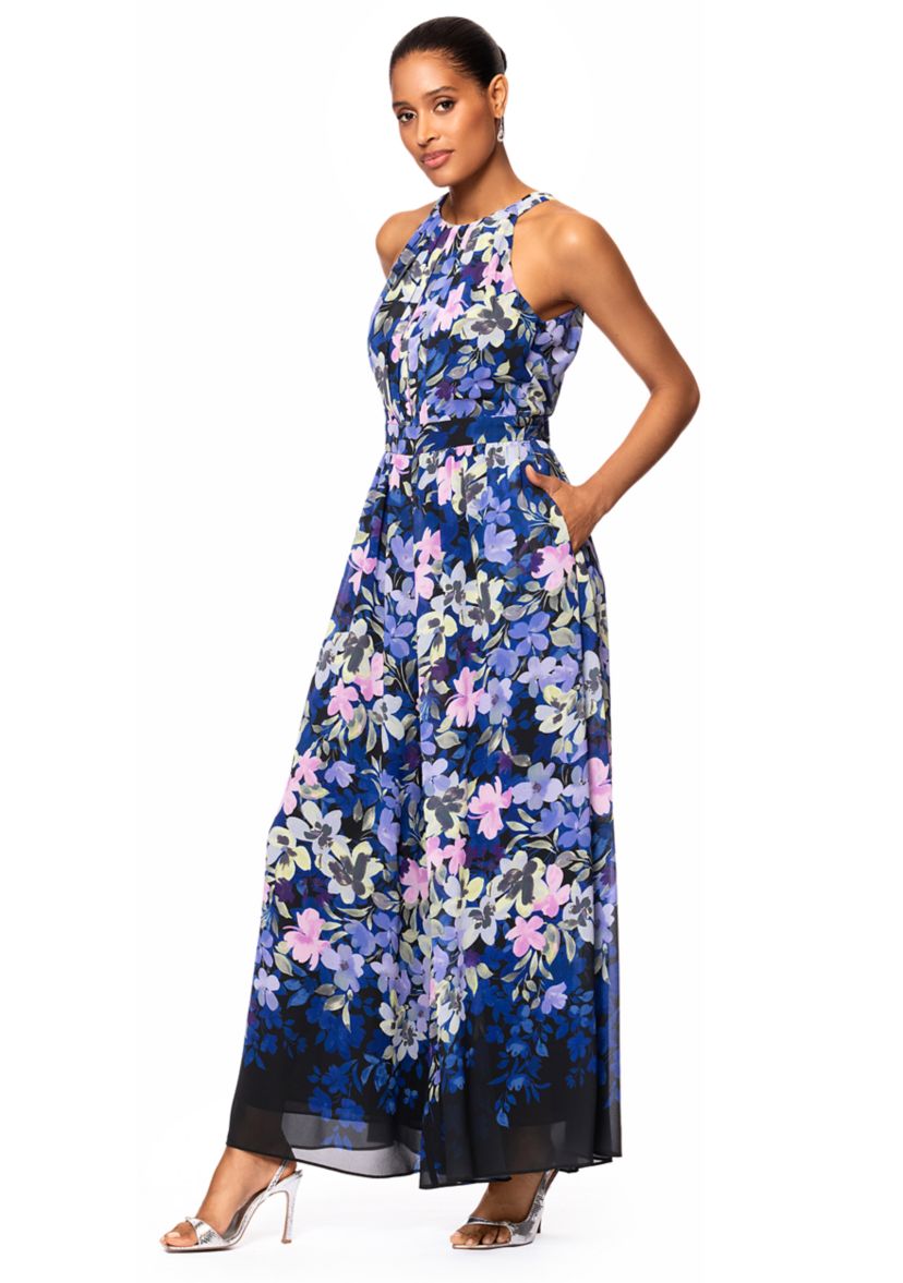 Womens Floral Printed Halter Neck Fit and Flare Gown