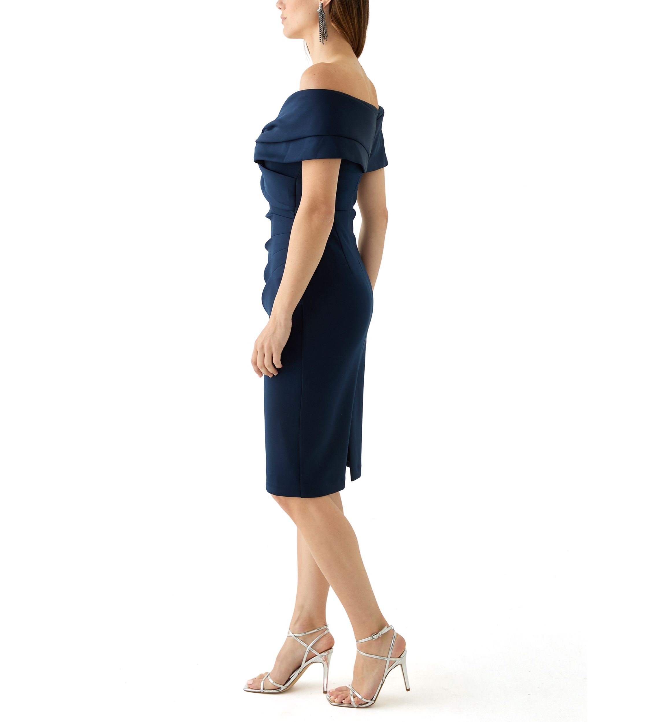Womens Sleeveless Off the Shoulder Ruched Sheath Dress