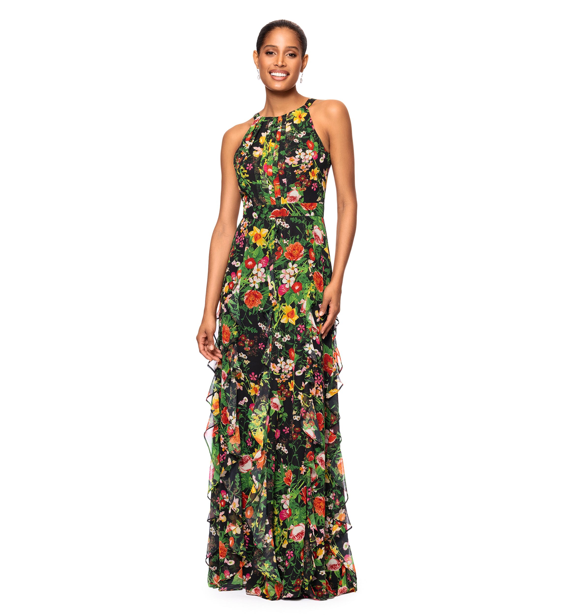 Womens Floral Printed Ruffle Gown
