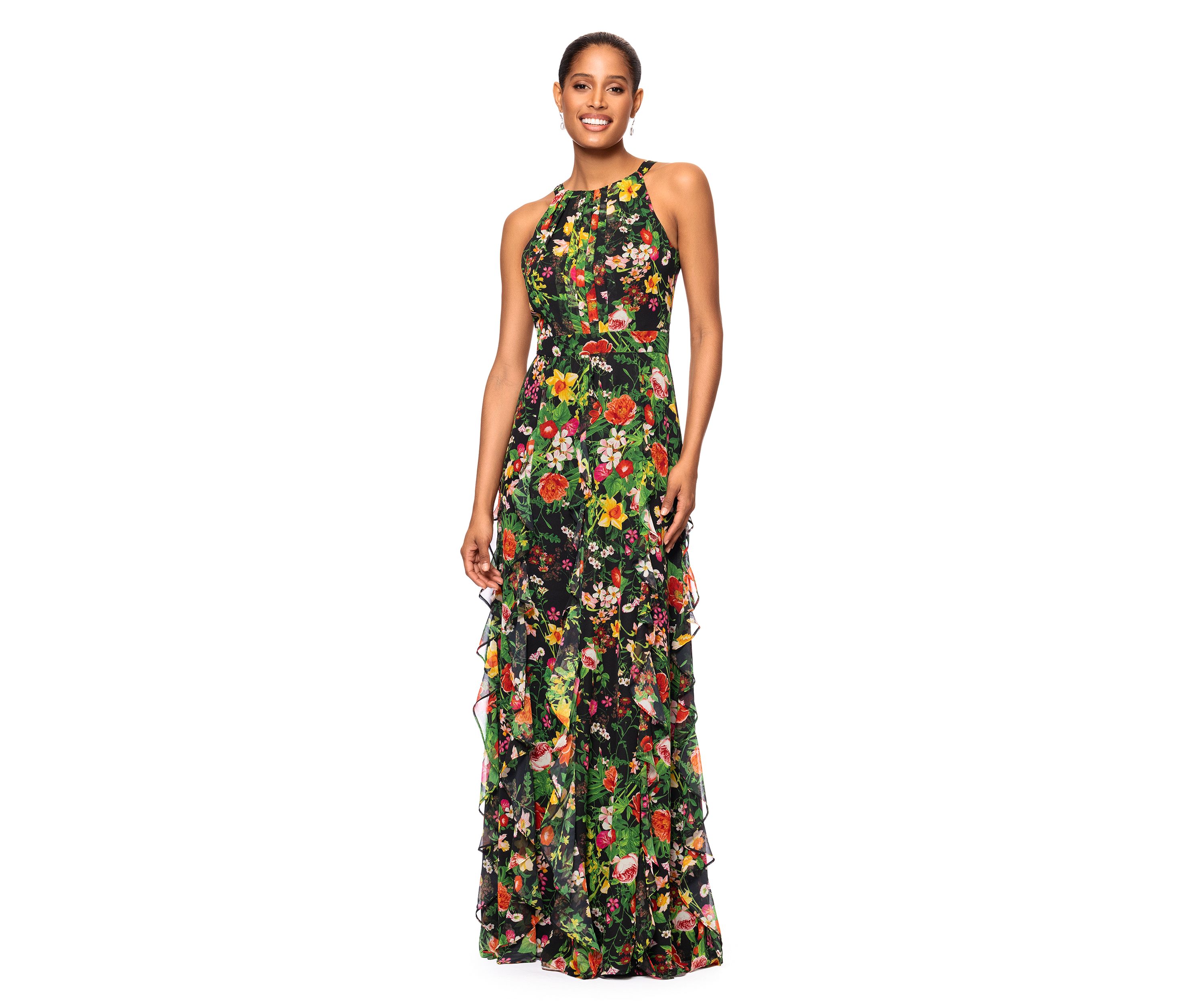 Womens Floral Printed Ruffle Gown