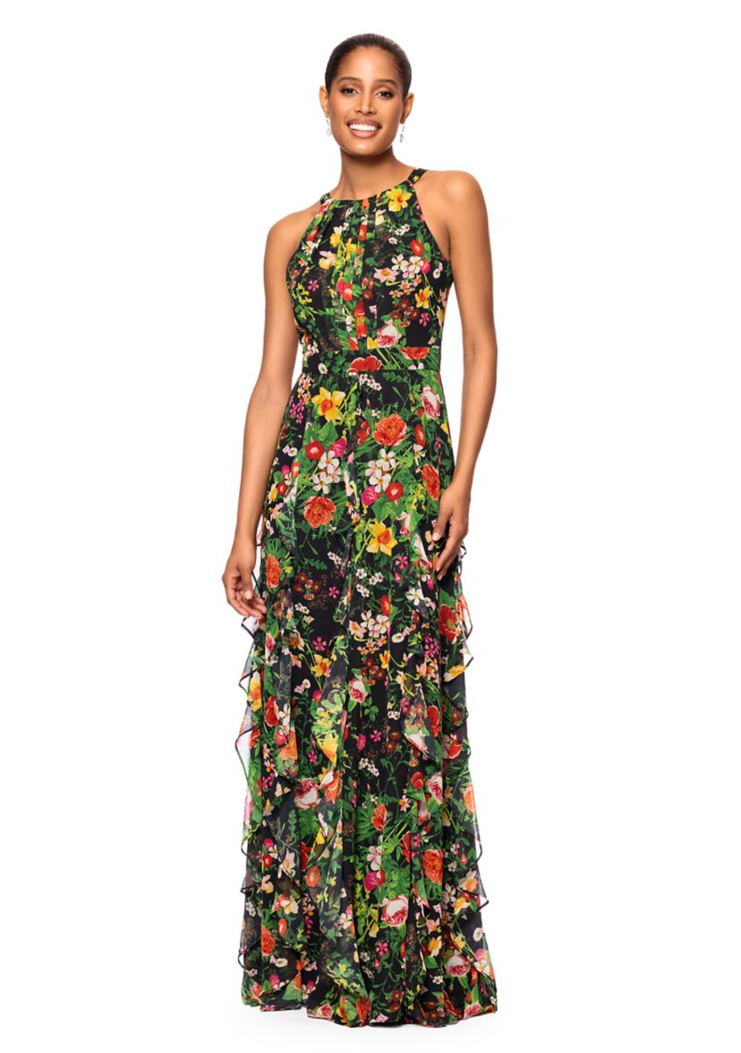 Womens Floral Printed Ruffle Gown
