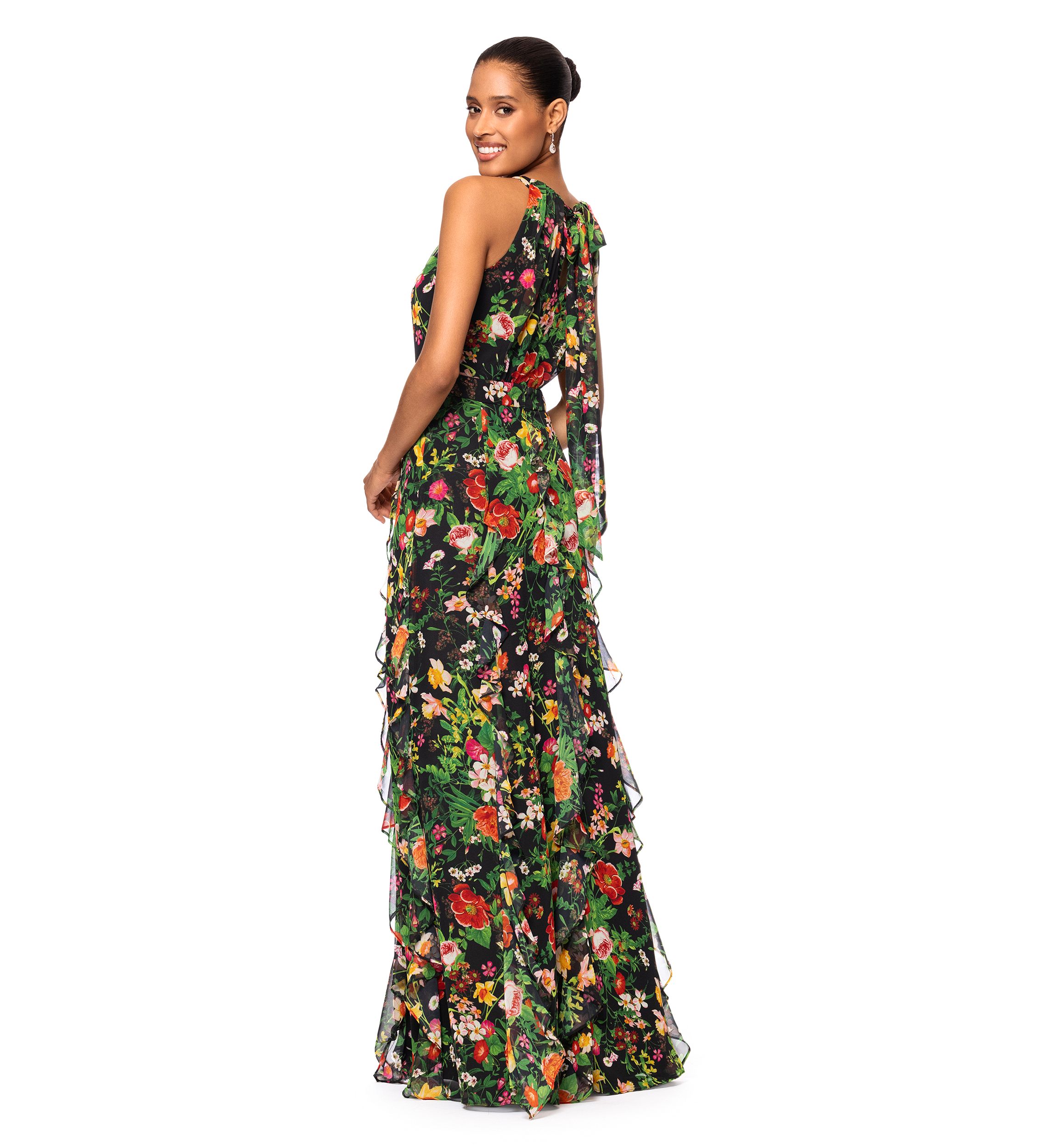 Womens Floral Printed Ruffle Gown