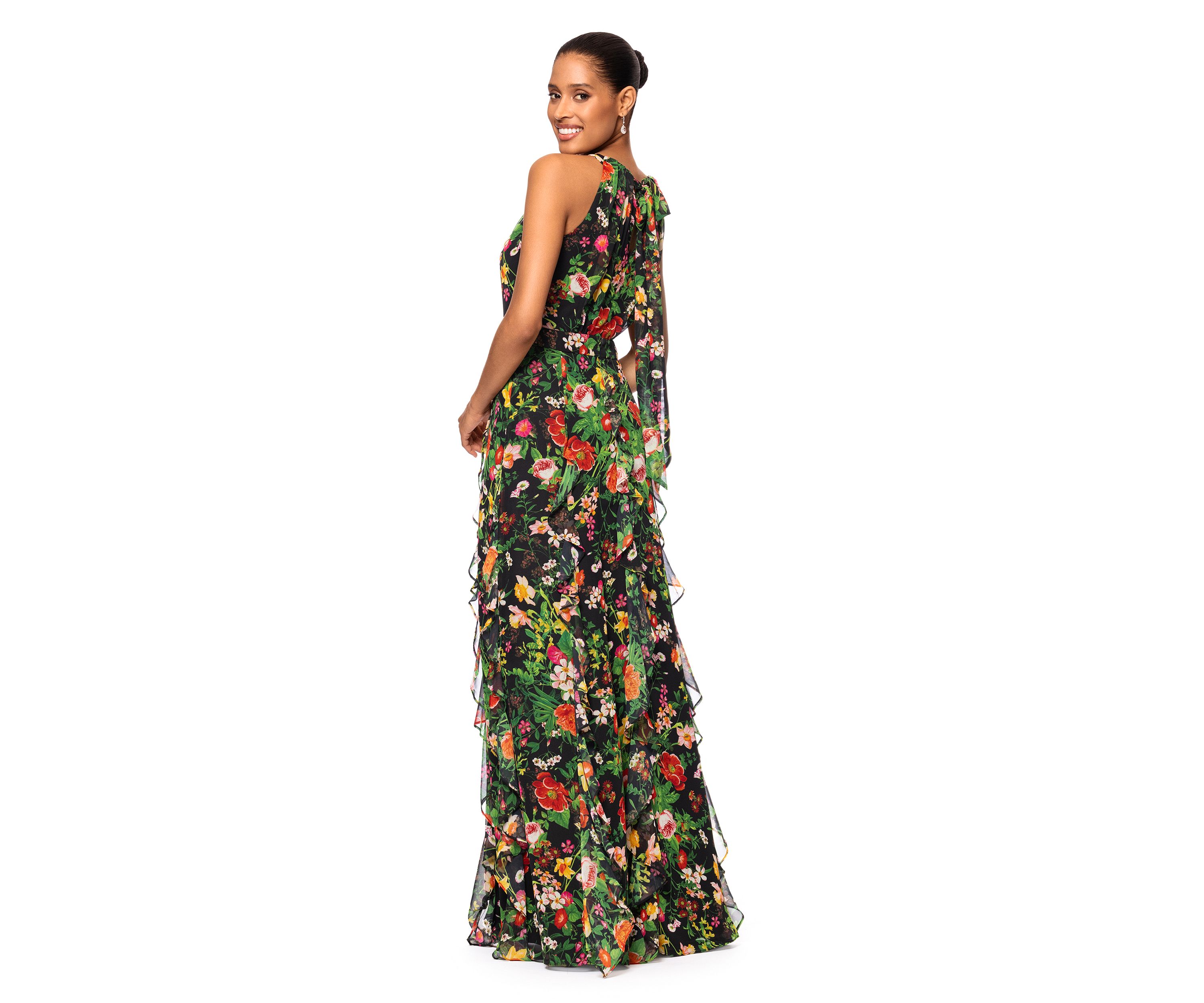 Womens Floral Printed Ruffle Gown