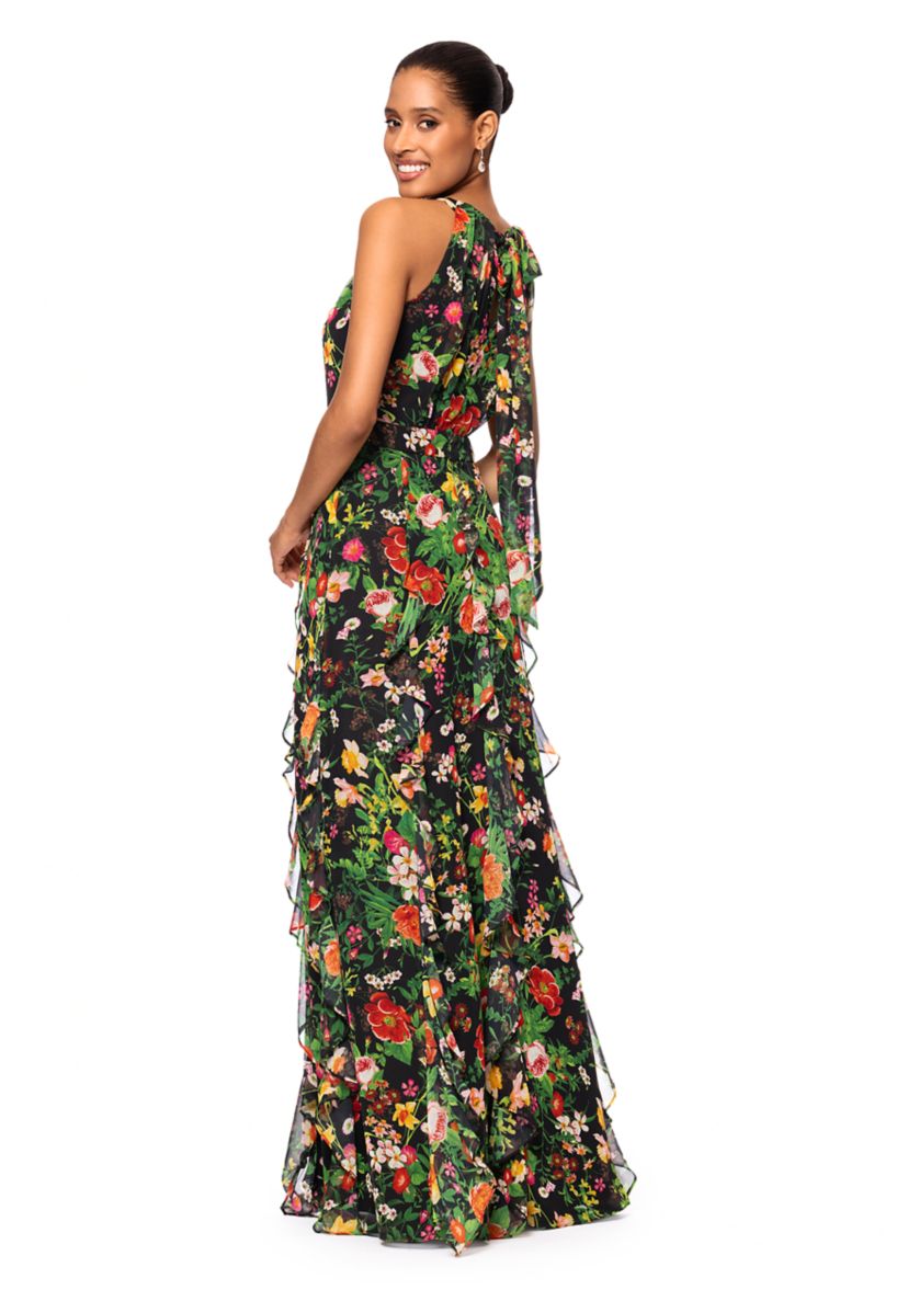 Womens Floral Printed Ruffle Gown