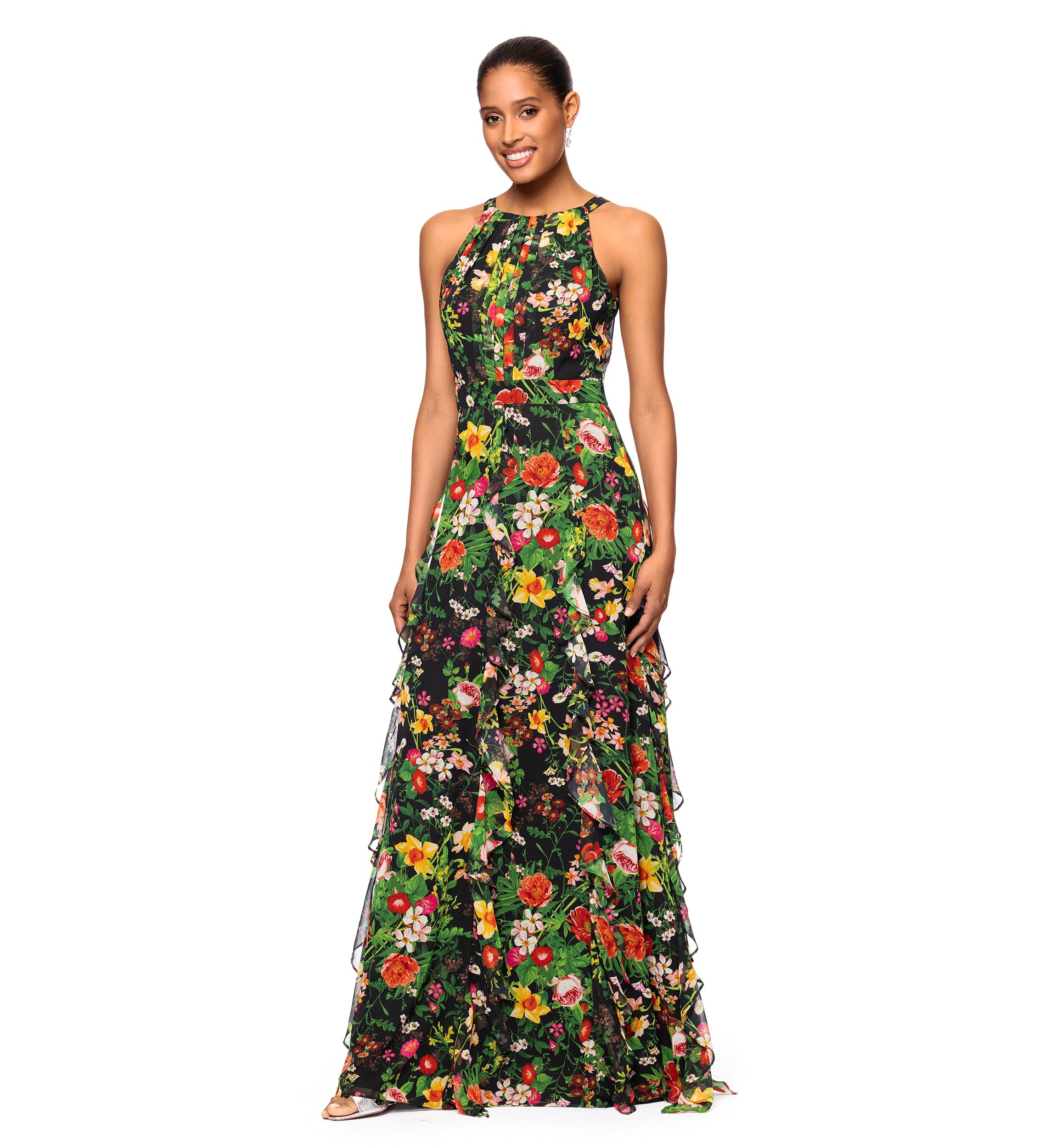 Womens Floral Printed Ruffle Gown