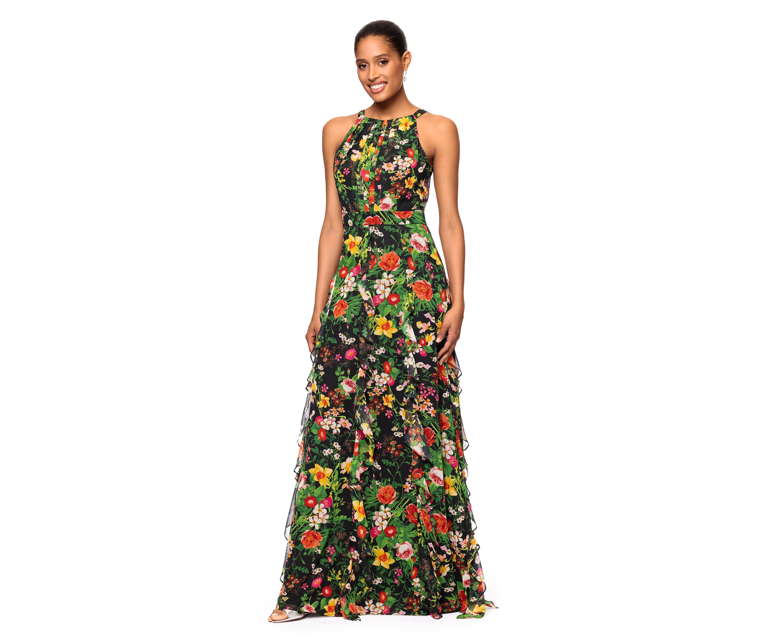Womens Floral Printed Ruffle Gown