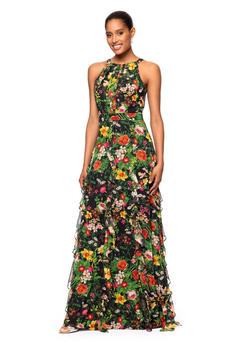 Womens Floral Printed Ruffle Gown