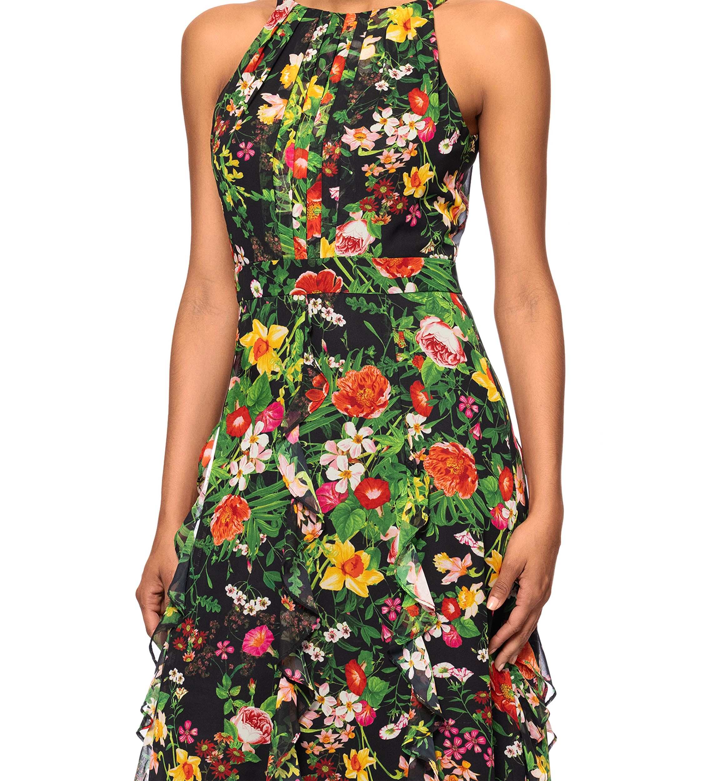 Womens Floral Printed Ruffle Gown