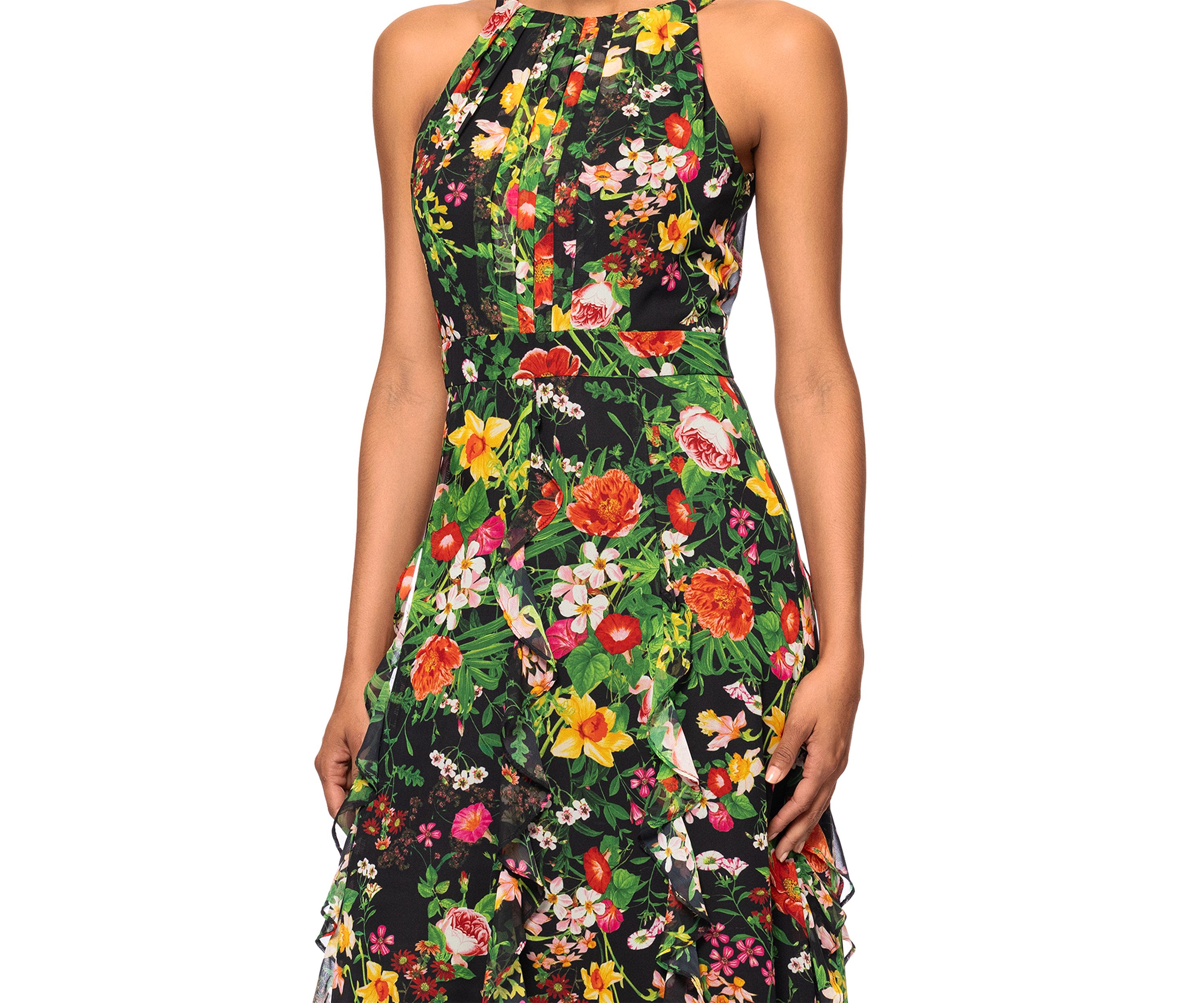 Womens Floral Printed Ruffle Gown