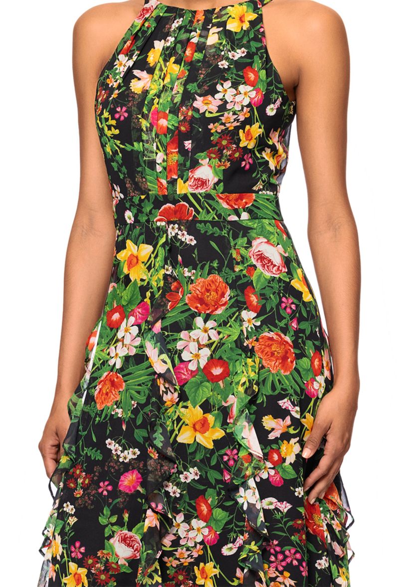 Womens Floral Printed Ruffle Gown
