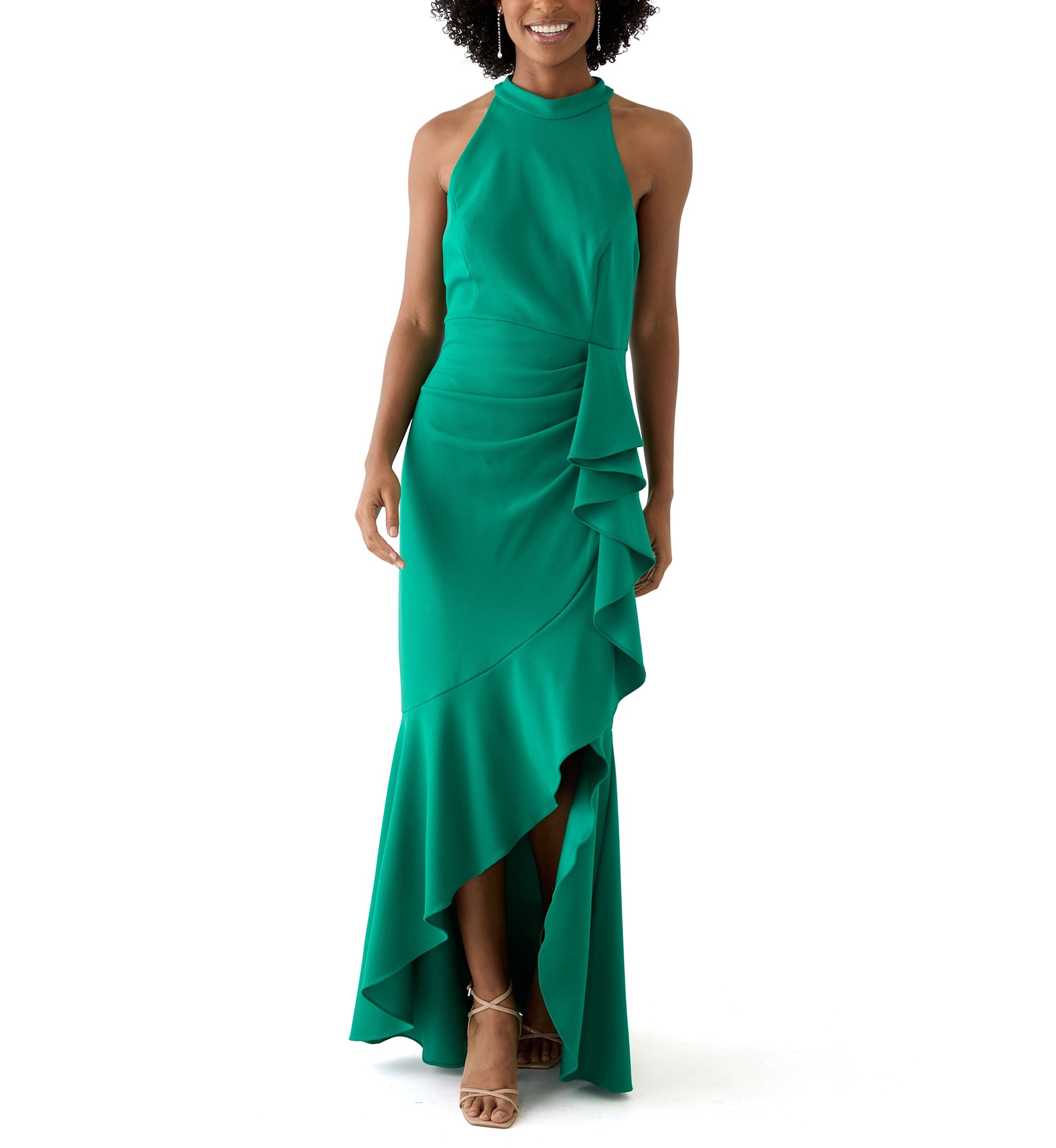 Womens Sleeveless Mock Neck Side Ruffle Gown
