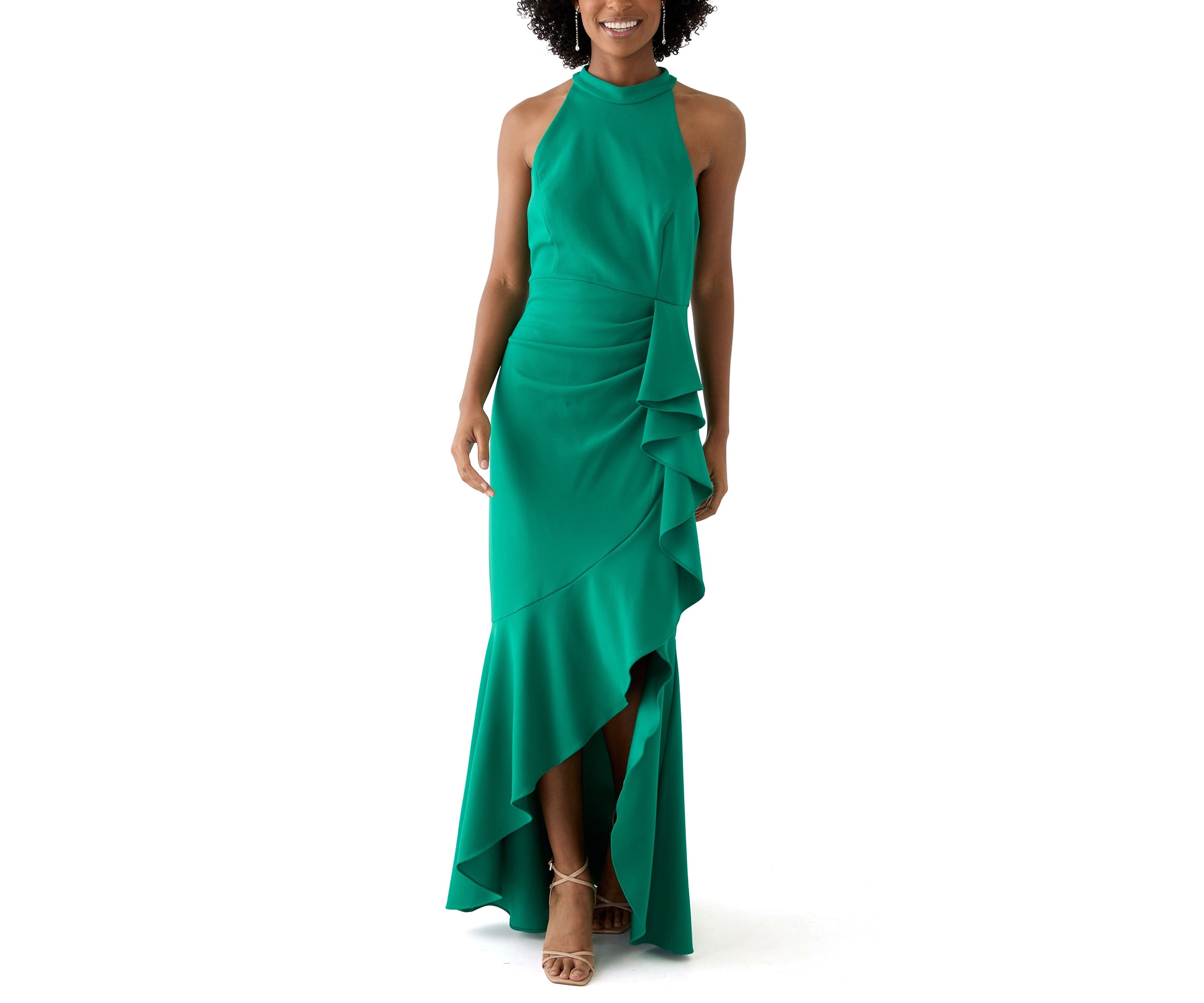 Womens Sleeveless Mock Neck Side Ruffle Gown