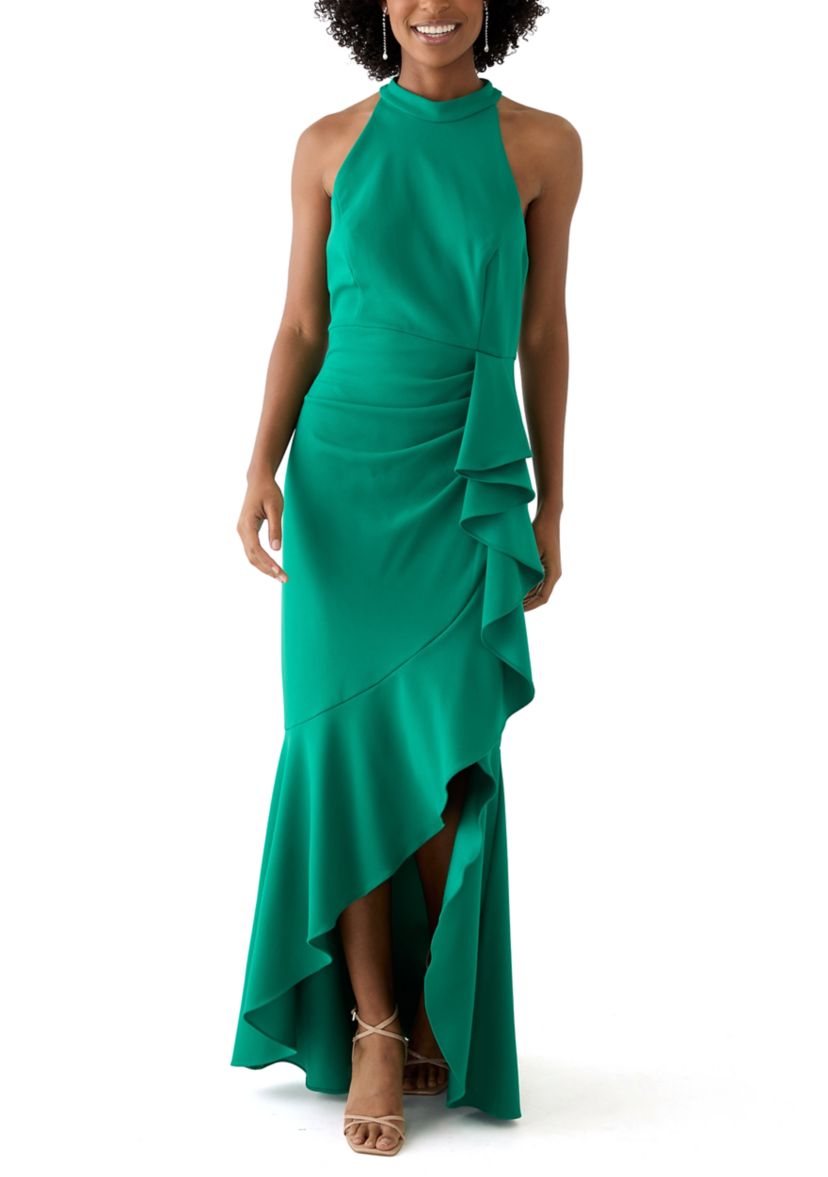 Womens Sleeveless Mock Neck Side Ruffle Gown
