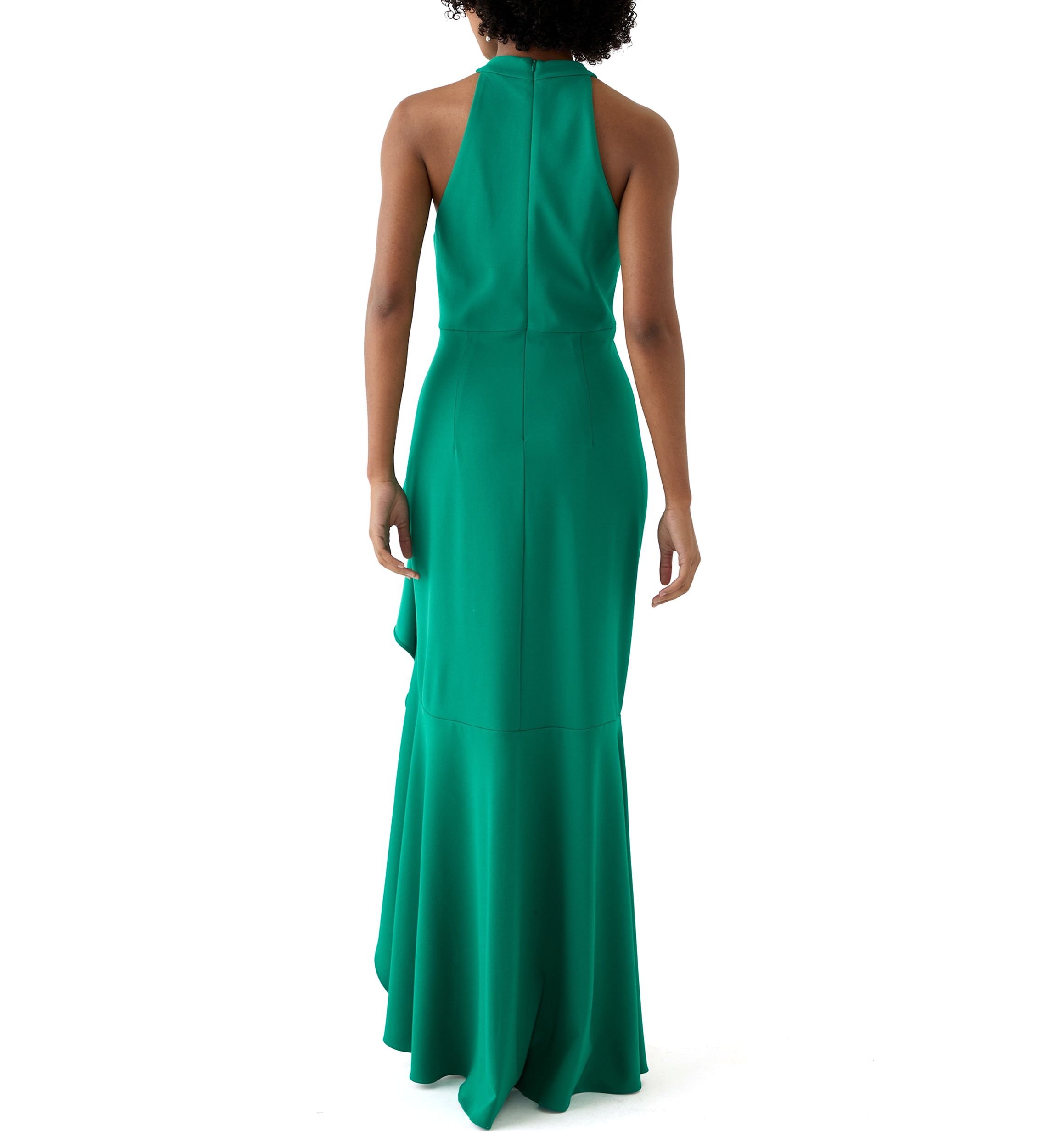 Womens Sleeveless Mock Neck Side Ruffle Gown