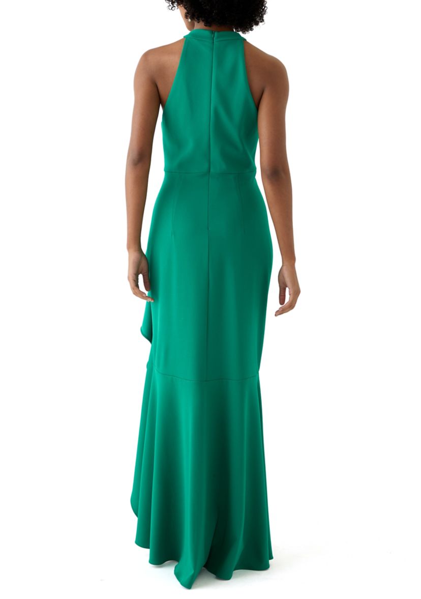 Womens Sleeveless Mock Neck Side Ruffle Gown