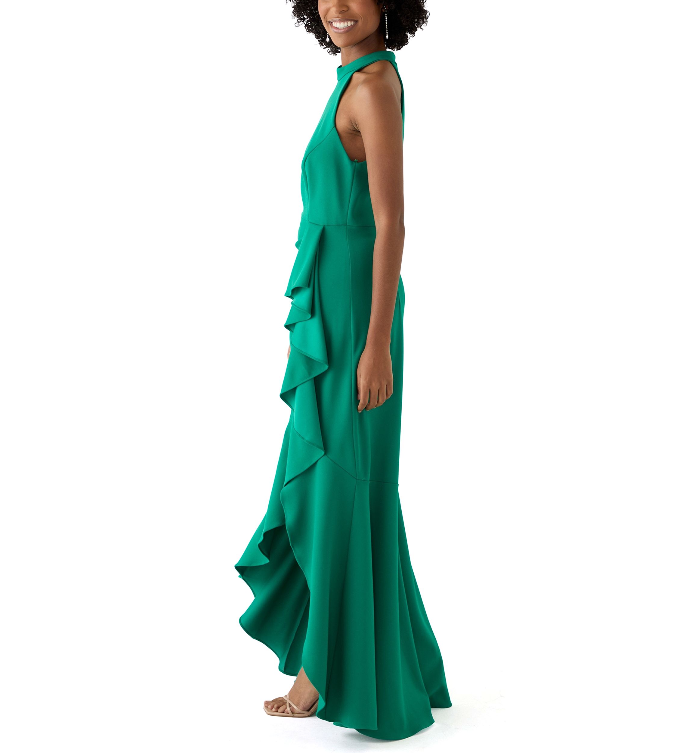 Womens Sleeveless Mock Neck Side Ruffle Gown