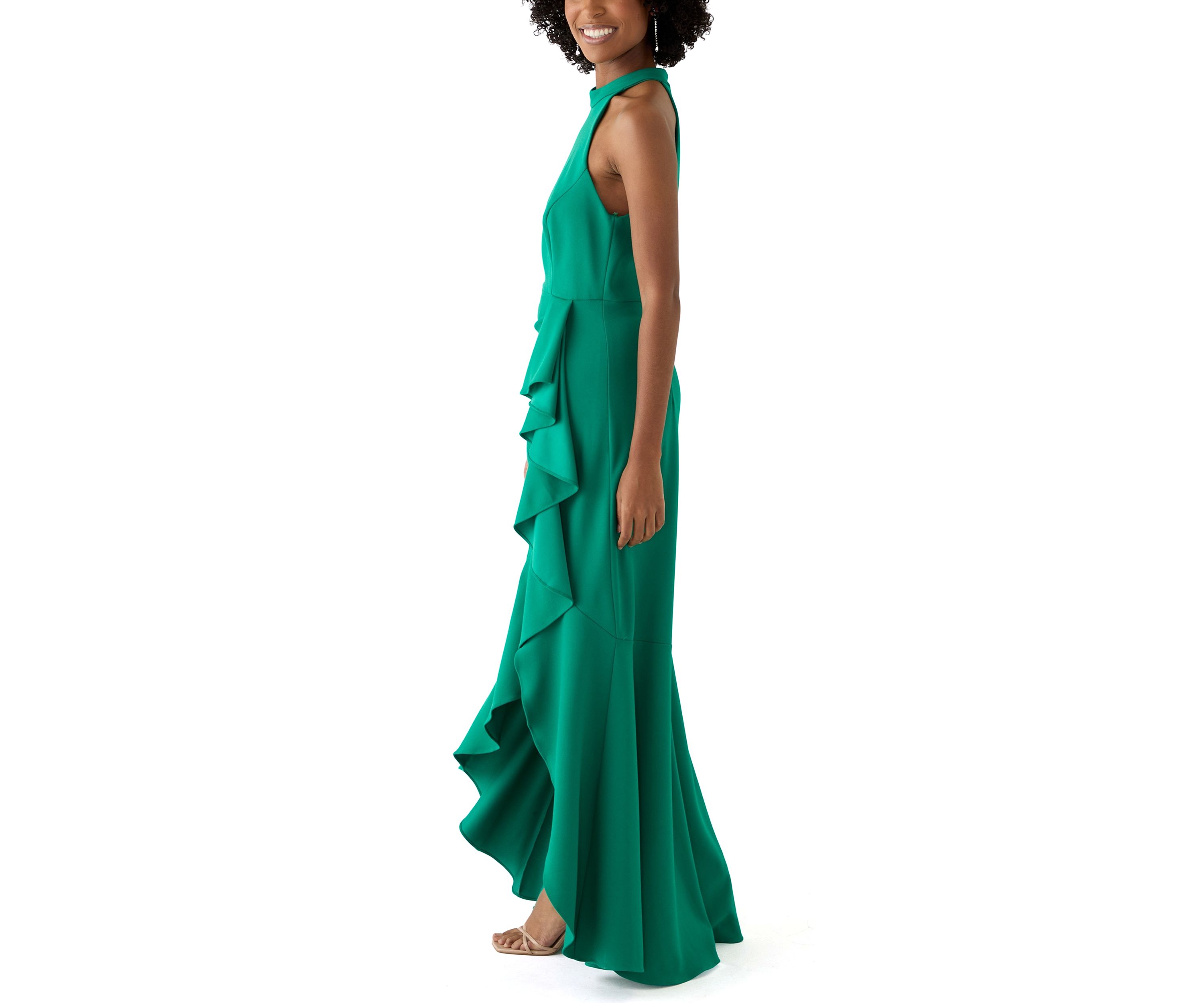 Womens Sleeveless Mock Neck Side Ruffle Gown