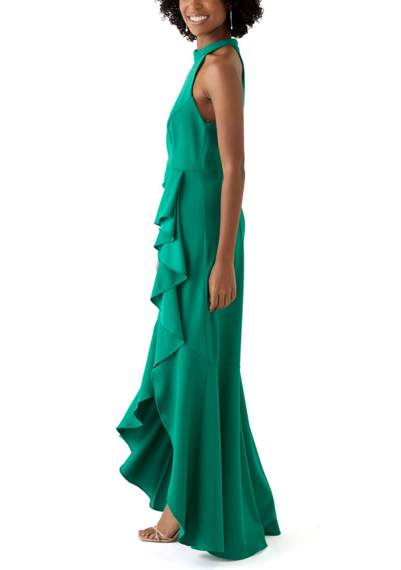 Womens Sleeveless Mock Neck Side Ruffle Gown