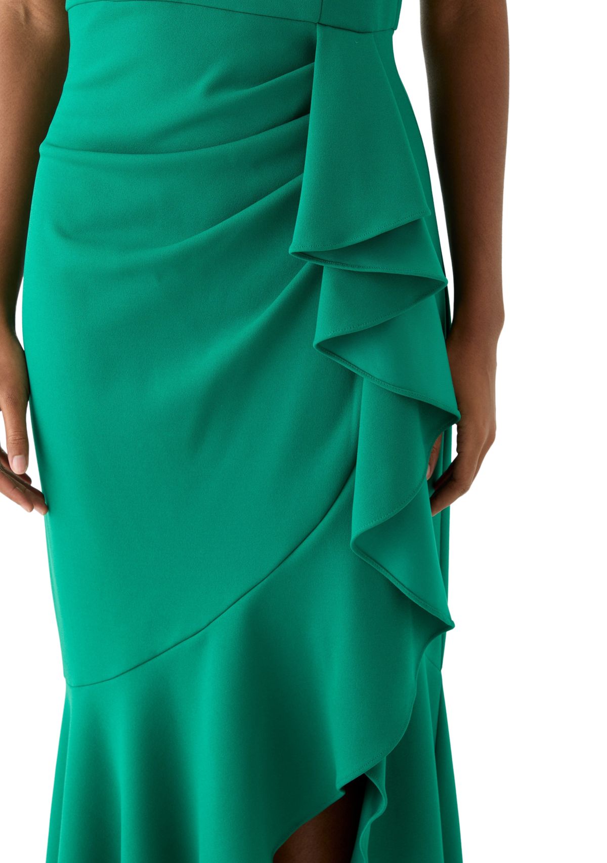 Womens Sleeveless Mock Neck Side Ruffle Gown