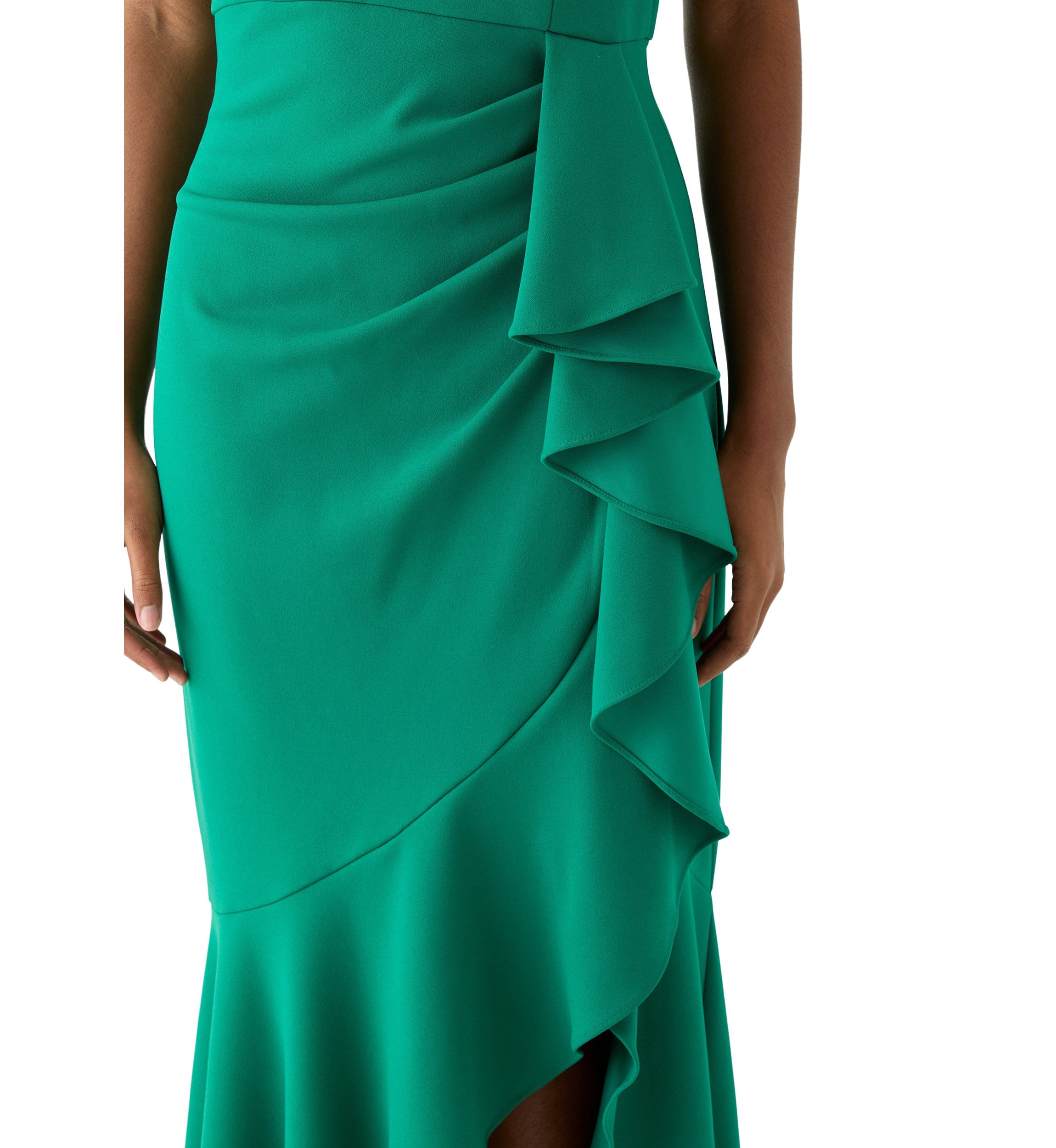 Womens Sleeveless Mock Neck Side Ruffle Gown