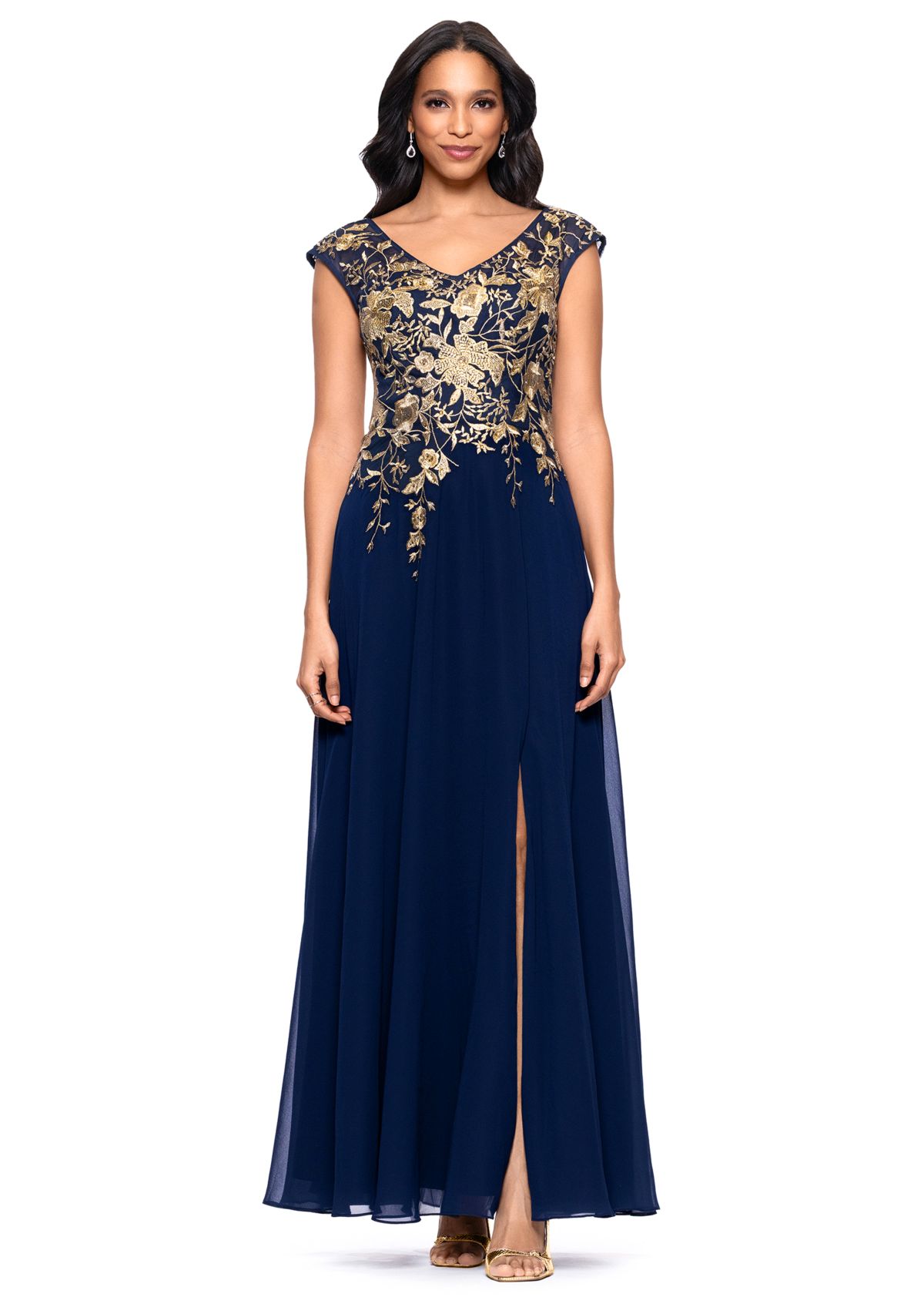 Womens Short Sleeve V-Neck Floral Embellished Gown