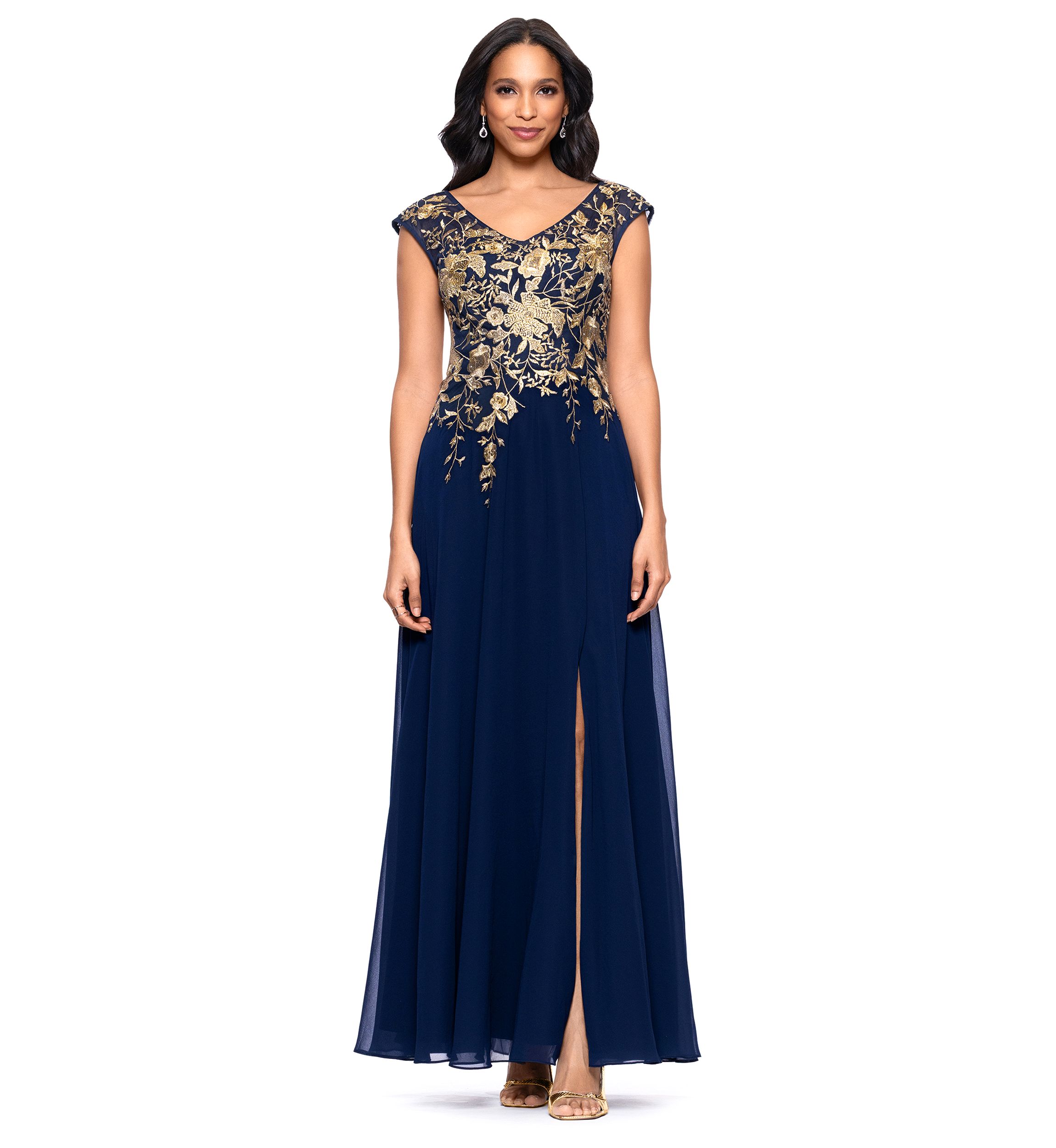 Womens Short Sleeve V-Neck Floral Embellished Gown