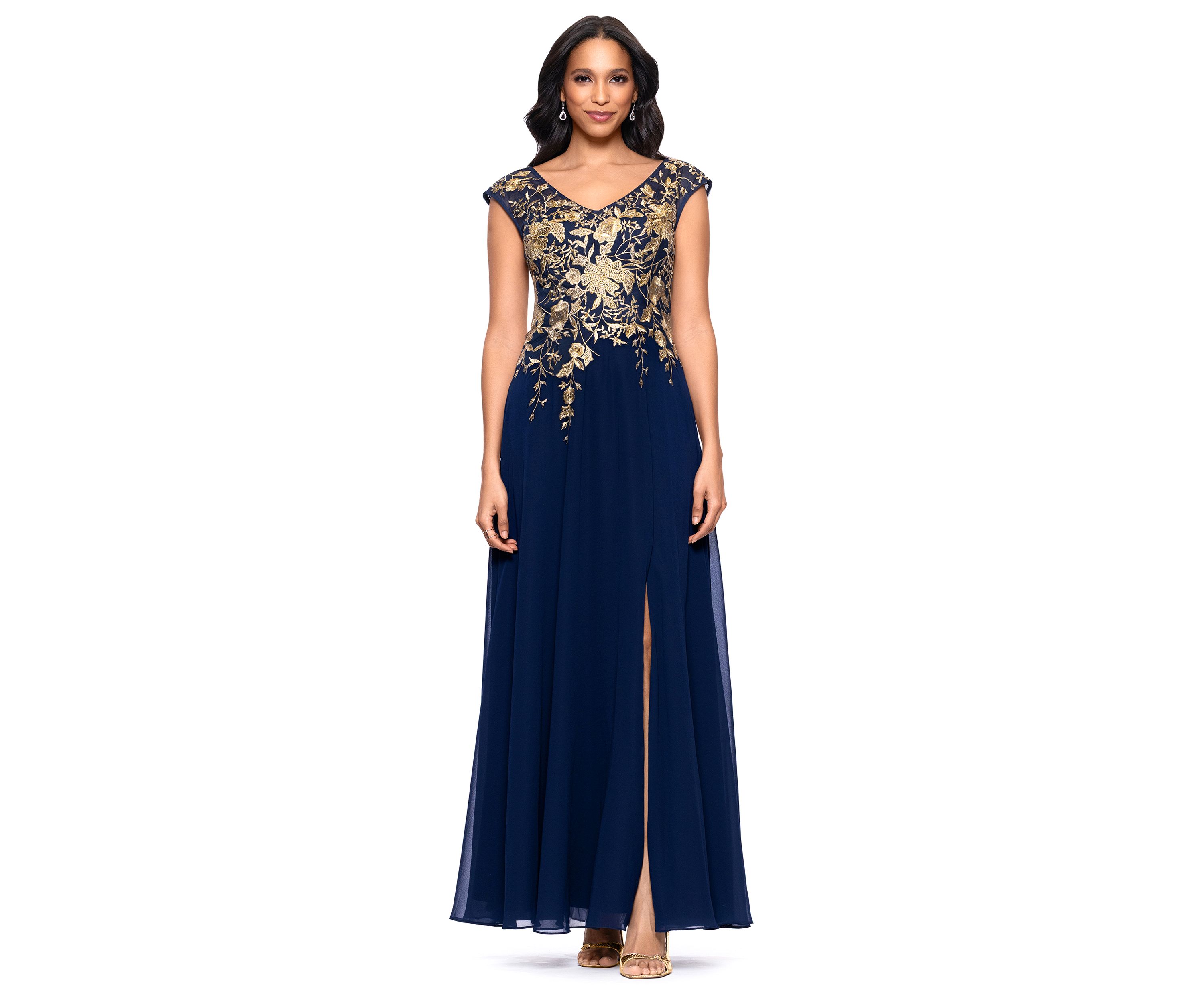Womens Short Sleeve V-Neck Floral Embellished Gown