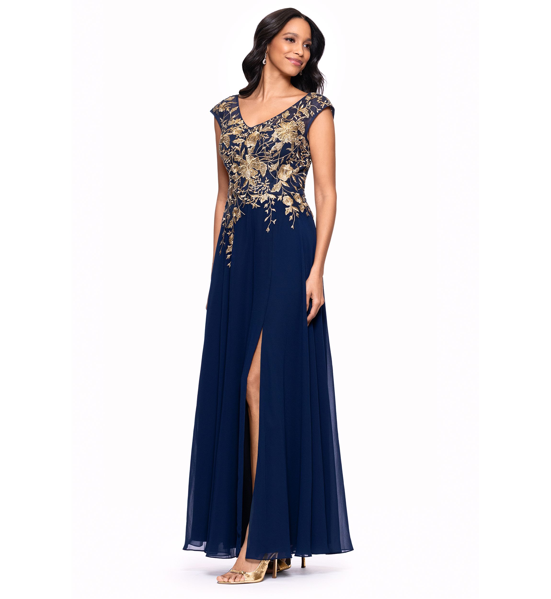 Womens Short Sleeve V-Neck Floral Embellished Gown