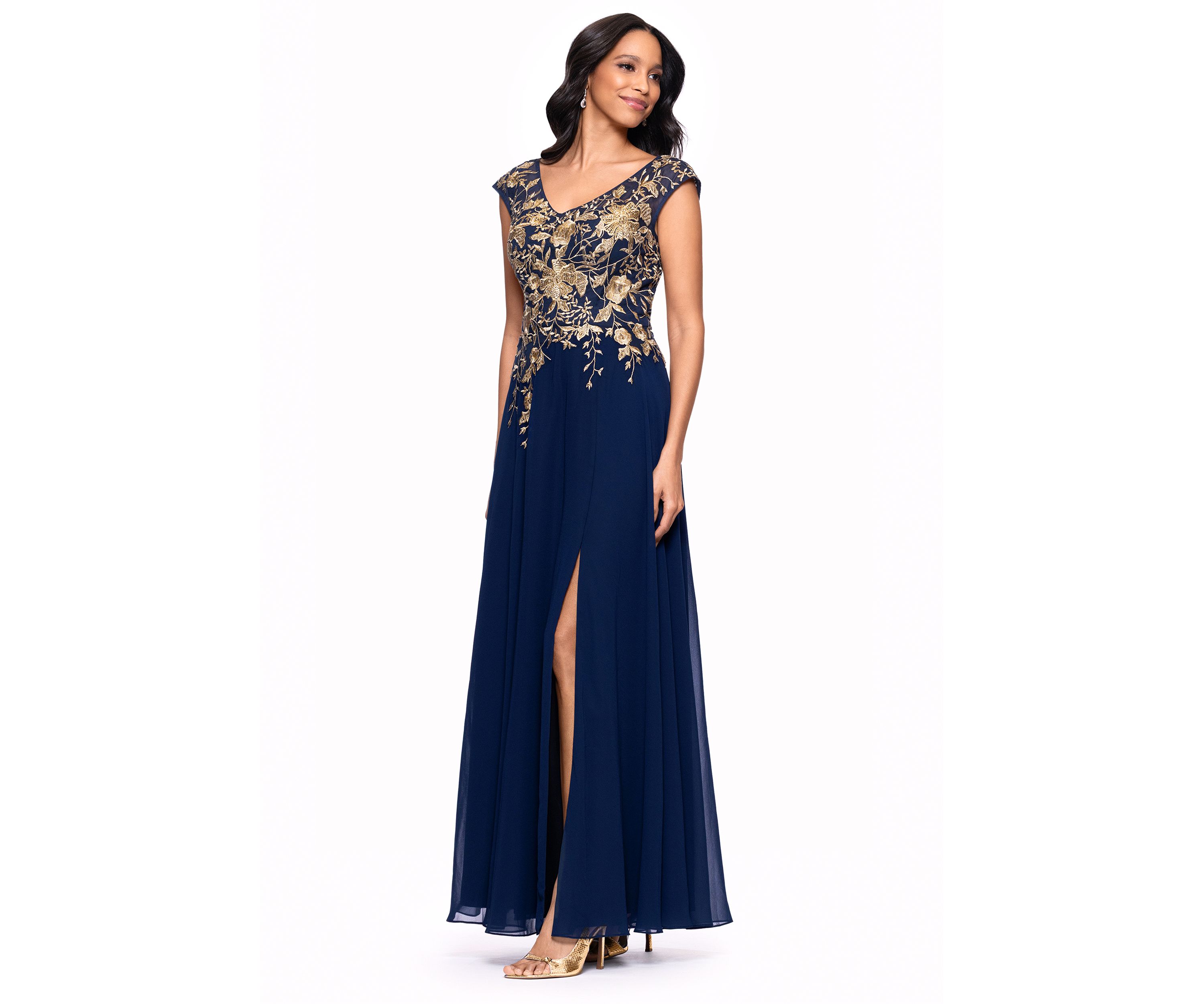 Womens Short Sleeve V-Neck Floral Embellished Gown
