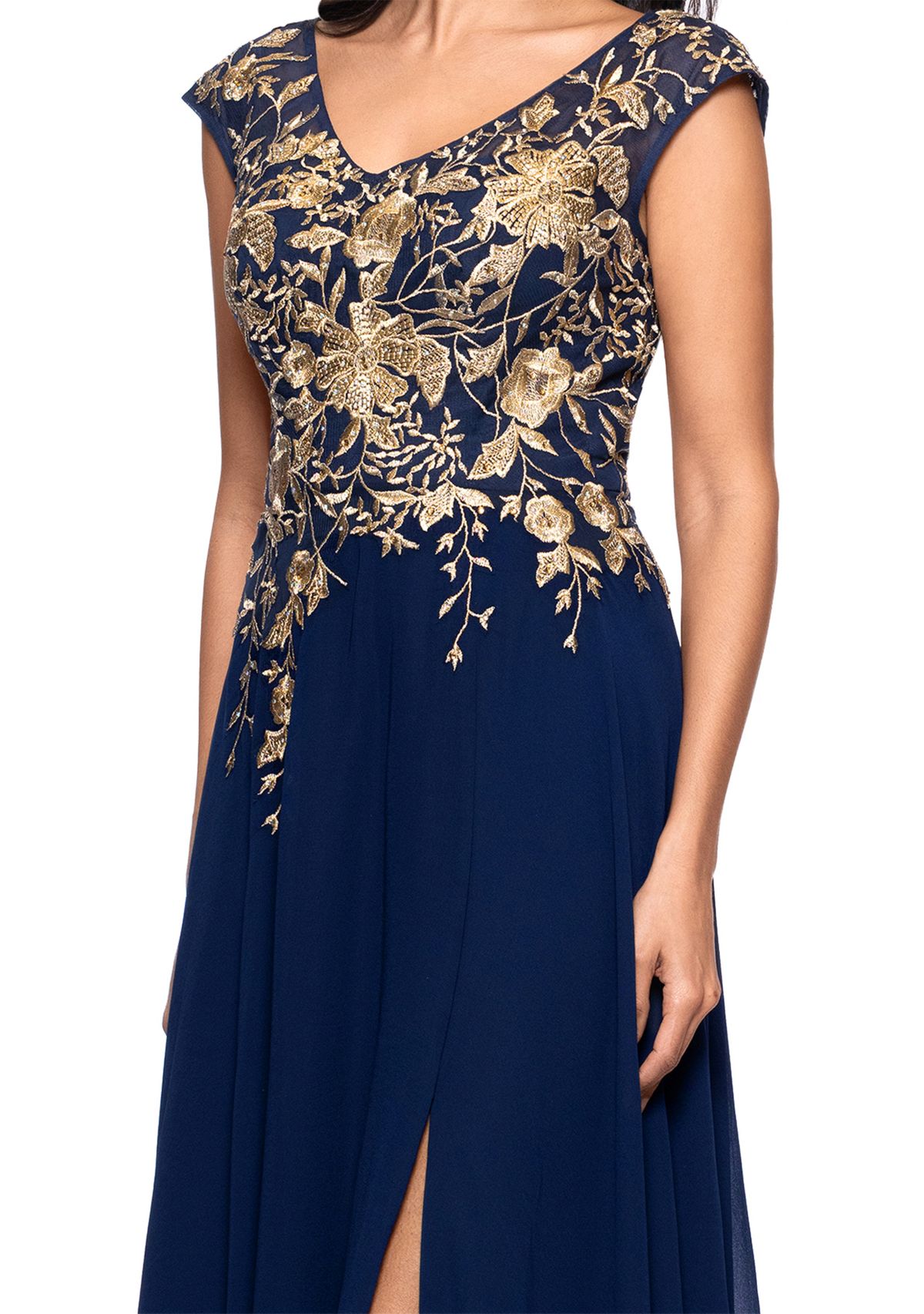 Womens Short Sleeve V-Neck Floral Embellished Gown