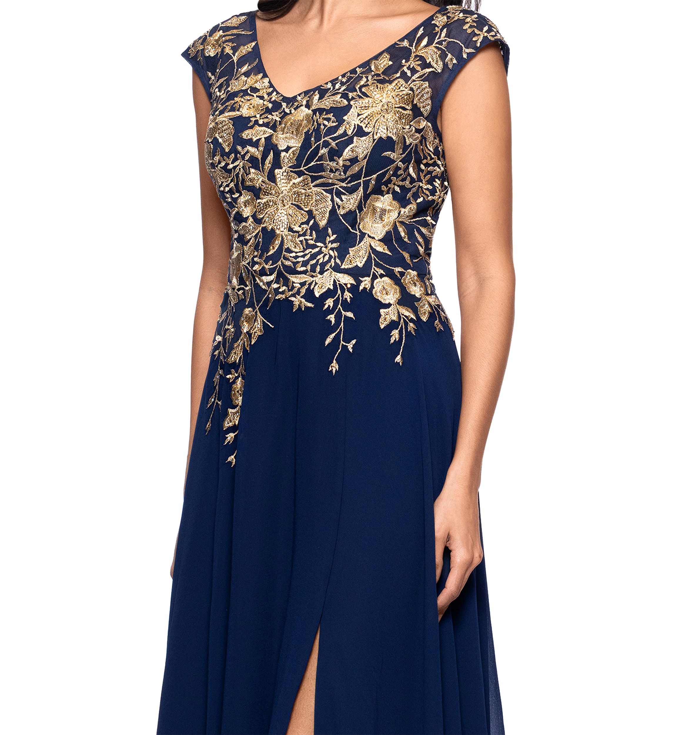 Womens Short Sleeve V-Neck Floral Embellished Gown