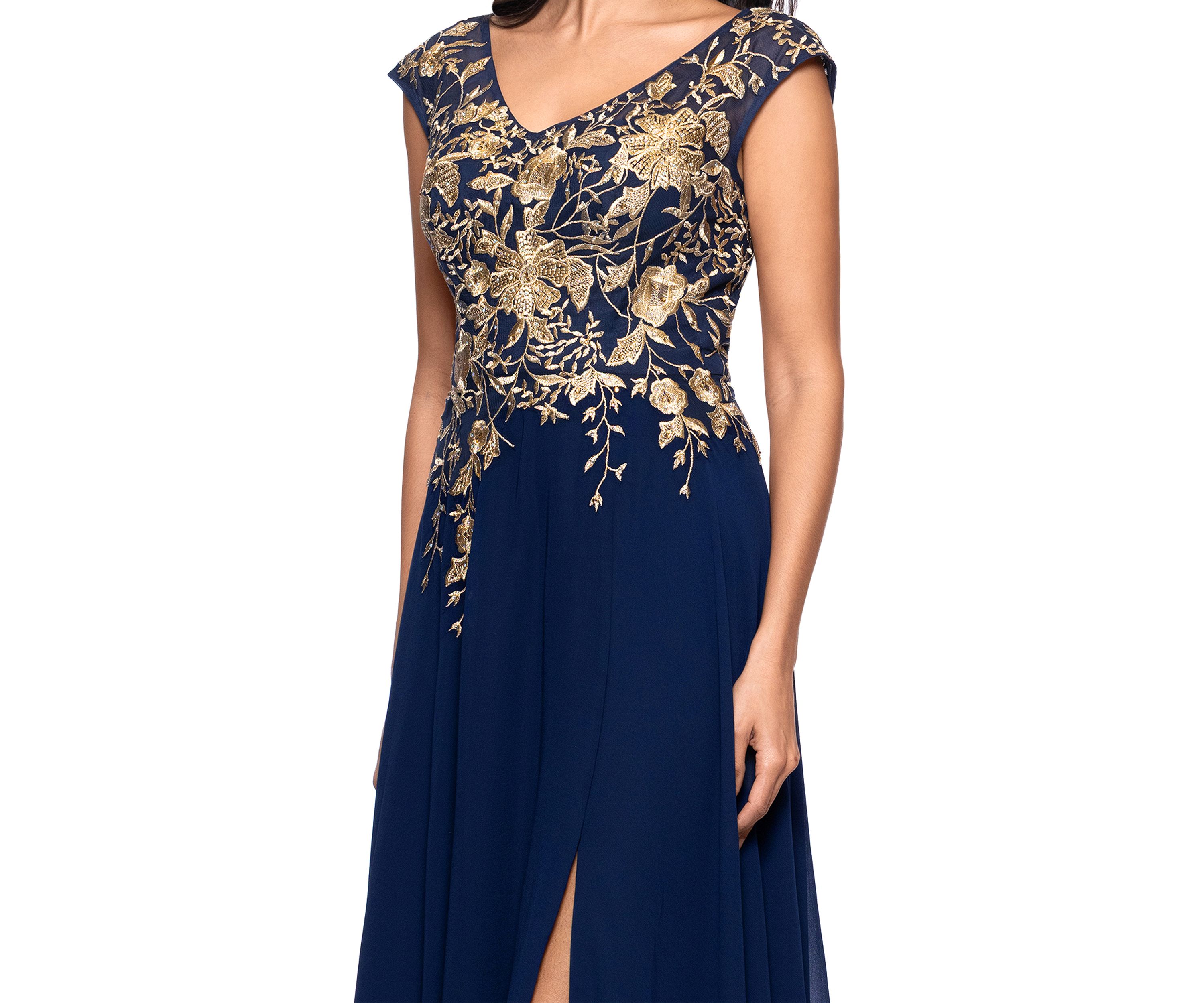 Womens Short Sleeve V-Neck Floral Embellished Gown